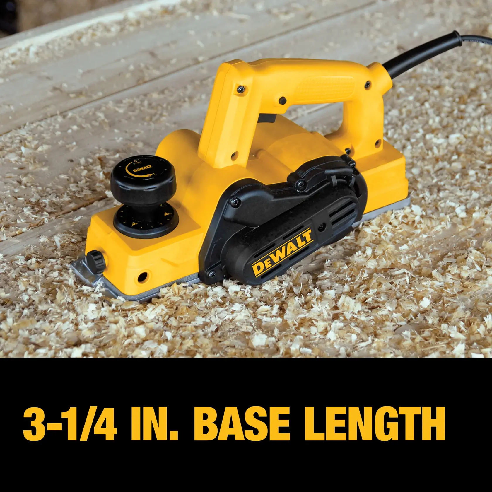 A yellow and black DEWALT electric hand planer on a wooden surface with wood shavings. Text below reads '3-1/4 IN. BASE LENGTH.'
