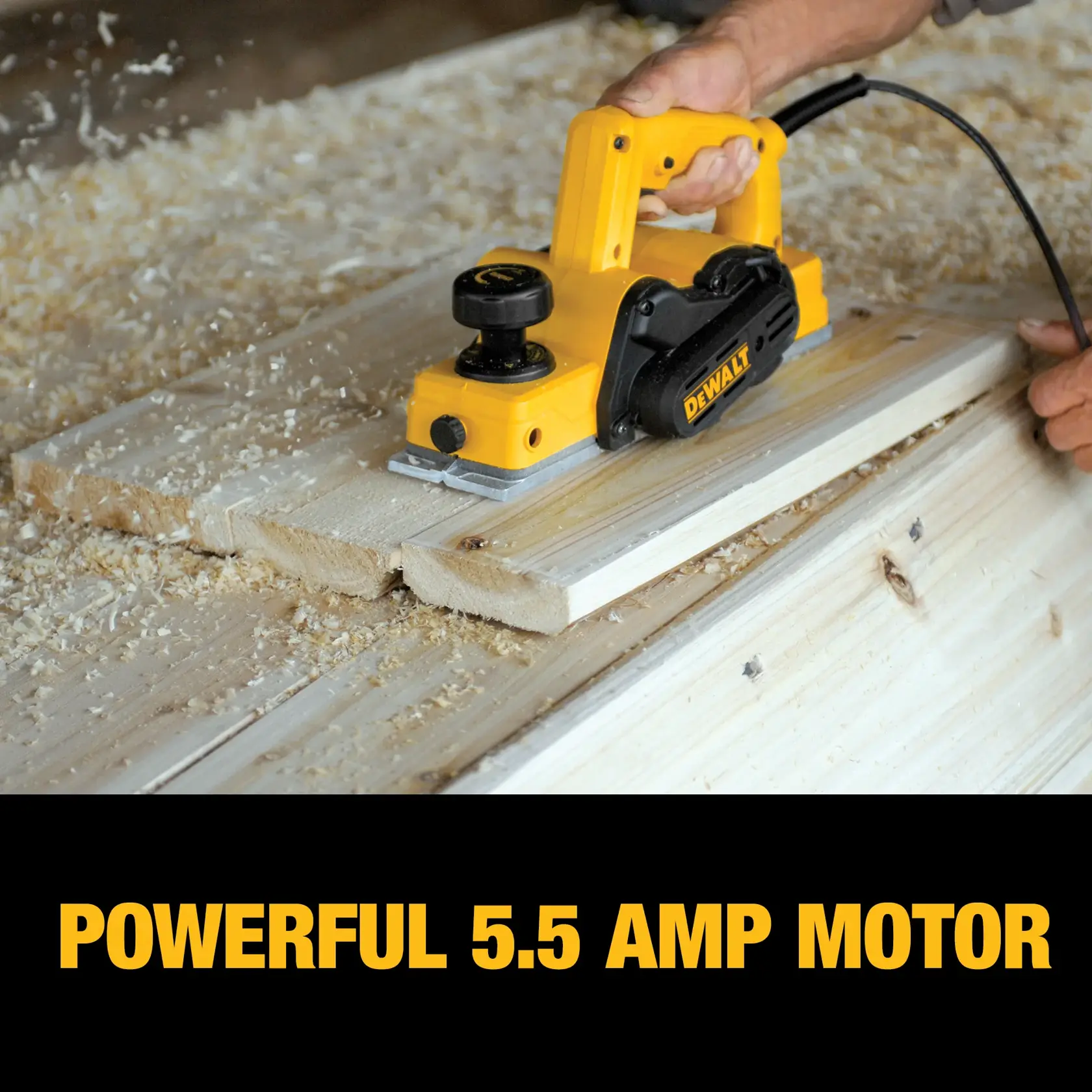 A DEWALT electric hand planer being used on a wooden board, with wood shavings scattered around, and text below stating 'POWERFUL 5.5 AMP MOTOR'.