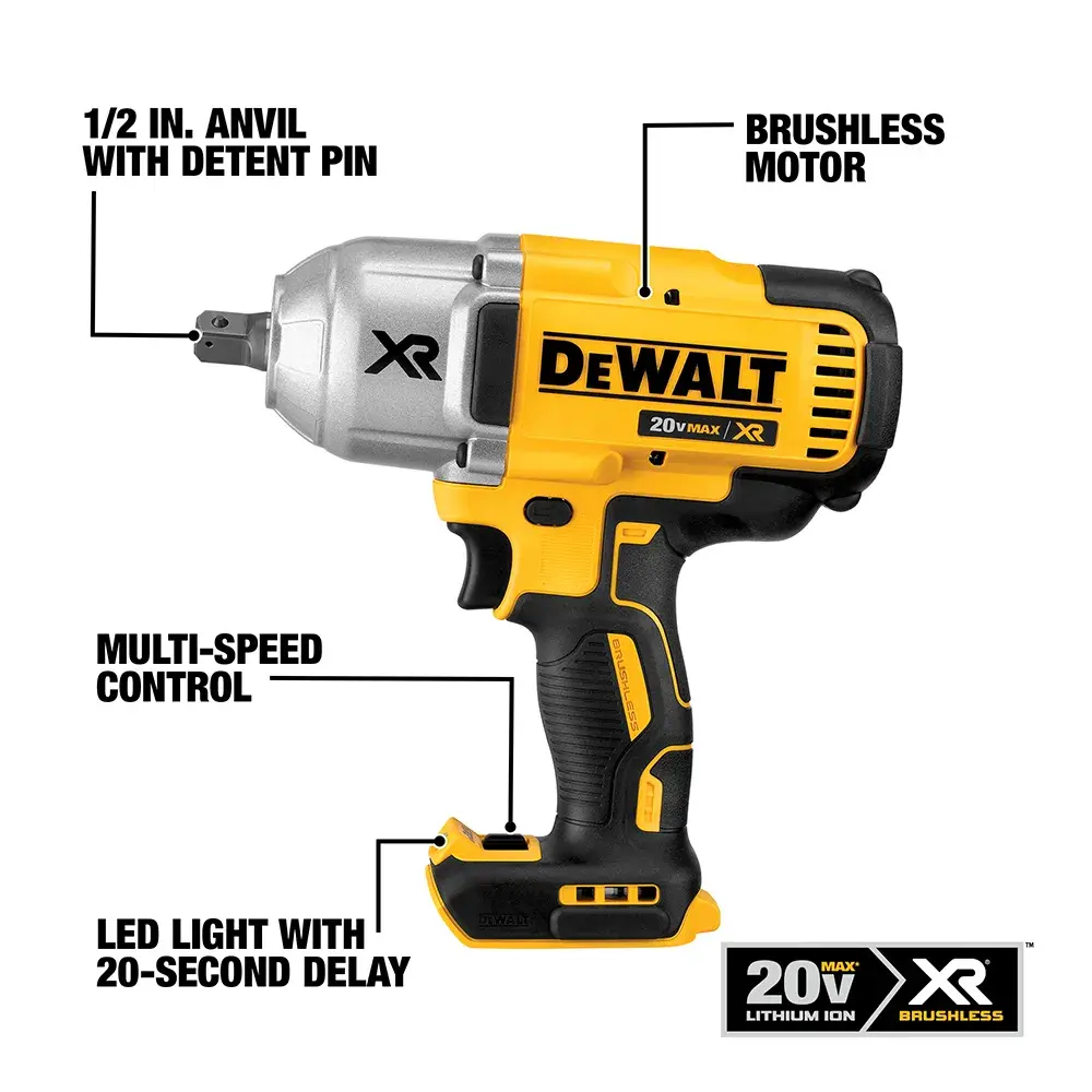 A DEWALT DCF899P2 20V XR brushless impact wrench with a 1/2 inch anvil and detent pin, featuring multi-speed control and an LED light with 20-second delay. The tool is yellow and black with ergonomic grip design.
