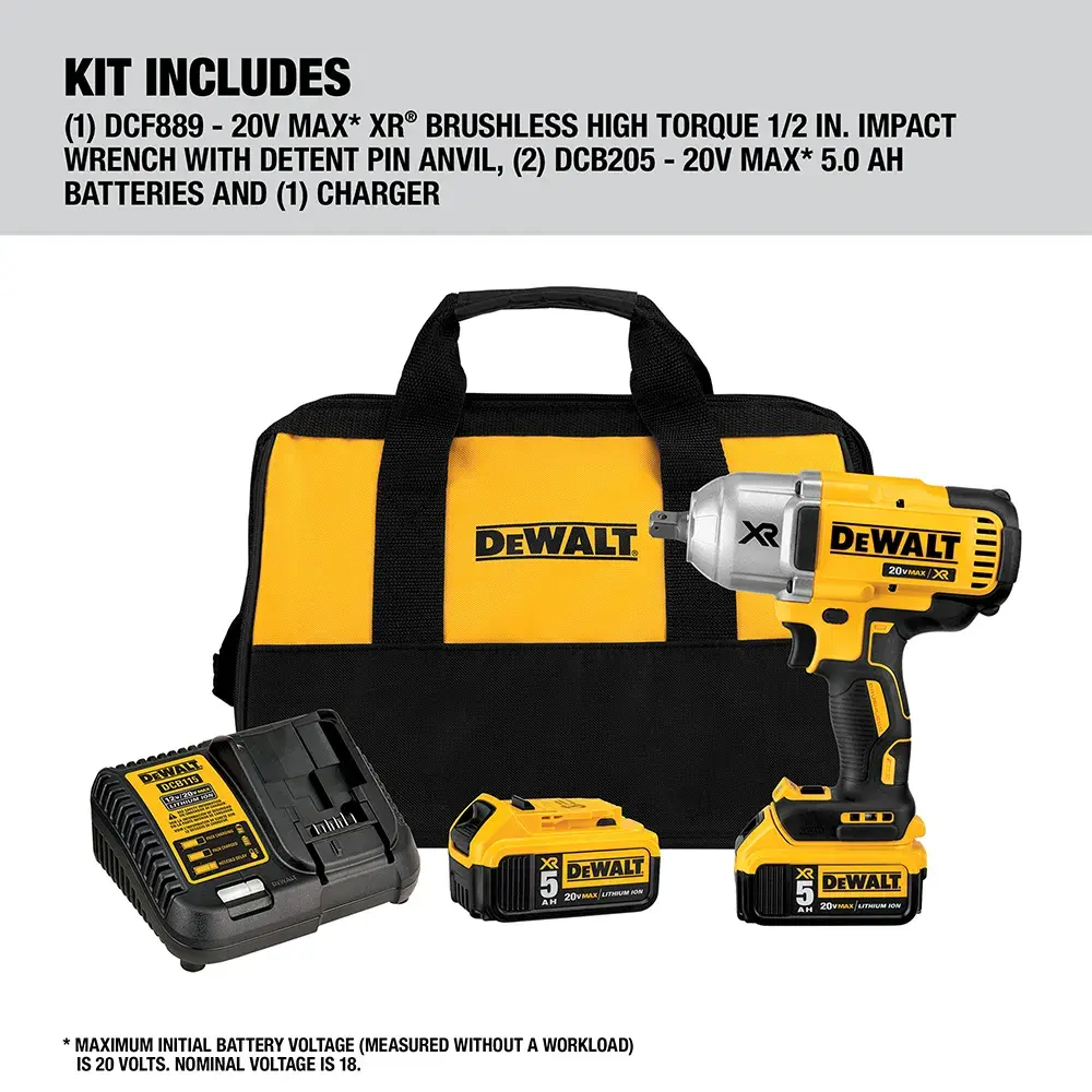 DEWALT DCF899P2 kit includes a 20V MAX XR brushless high torque 1/2 inch impact wrench with detent pin anvil, two 20V MAX 5.0Ah batteries, a charger, and a black and yellow carrying bag. All items are displayed together.