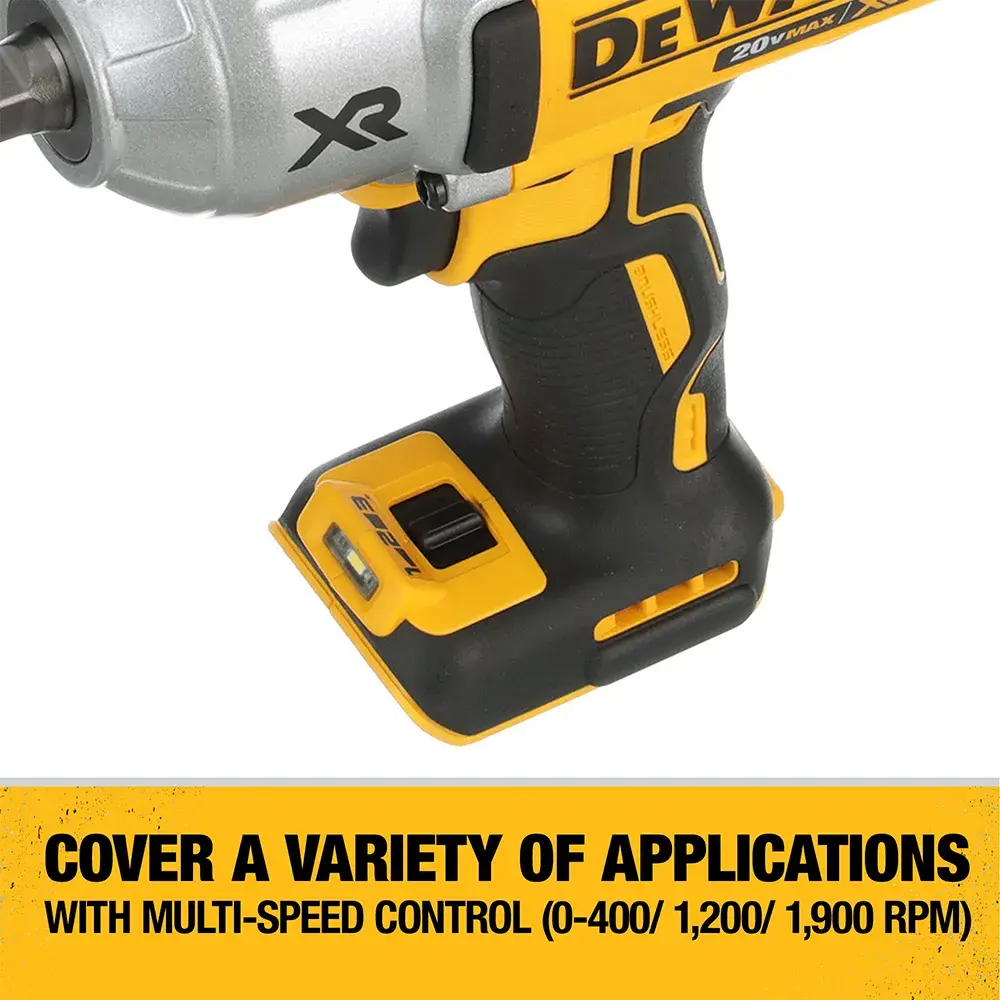 A partial view of a DEWALT cordless power tool with XR branding, shown with a black and yellow handle. Below the tool, a yellow banner reads: 'Cover a variety of applications with multi-speed control (0-400/ 1,200/ 1,900 RPM)'.