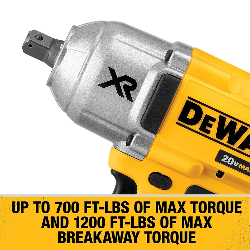 Close-up of a DEWALT 20V MAX XR cordless impact wrench, showing its metal and yellow body with torque specifications listed on a yellow background: up to 700 ft-lbs of max torque and 1200 ft-lbs of max breakaway torque.