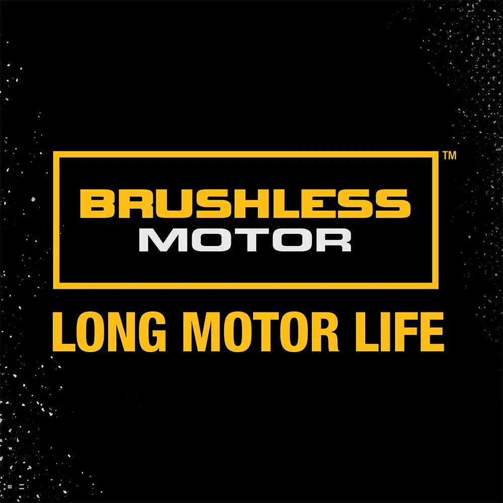 Graphic with a black background and yellow text inside a yellow rectangle, stating 'BRUSHLESS MOTOR' and below in larger font, 'LONG MOTOR LIFE'.