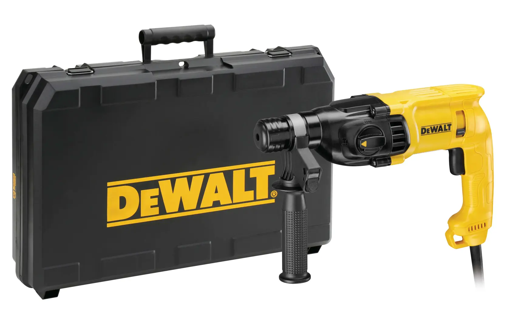 A DEWALT rotary hammer drill in yellow and black, shown with a black carrying case that has the DEWALT logo printed in yellow.