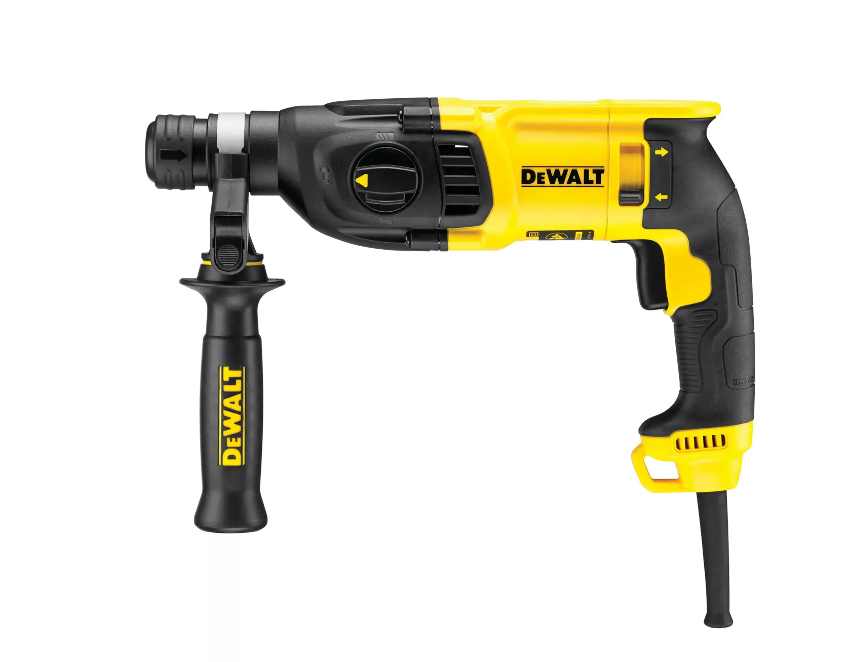 A DEWALT corded rotary hammer drill with a side handle, shown in yellow and black color.
