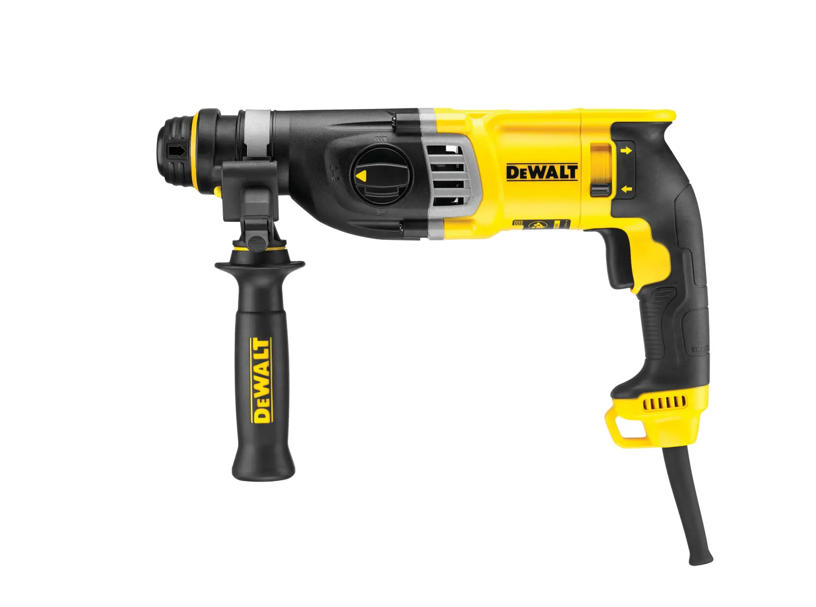 DEWALT rotary hammer drill side view, SKUs D25143K, D25143K-IN, yellow and black, photography with white background.
