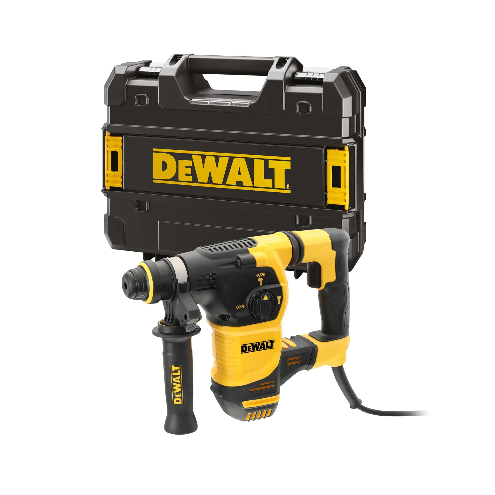 A DEWALT rotary hammer drill in yellow and black, shown with a hard carrying case featuring the DEWALT logo.