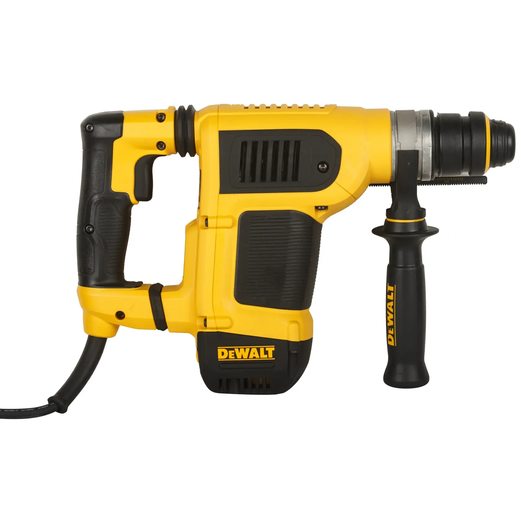 A yellow and black DEWALT corded rotary hammer drill with a side handle, model D25413K, designed for heavy-duty use.