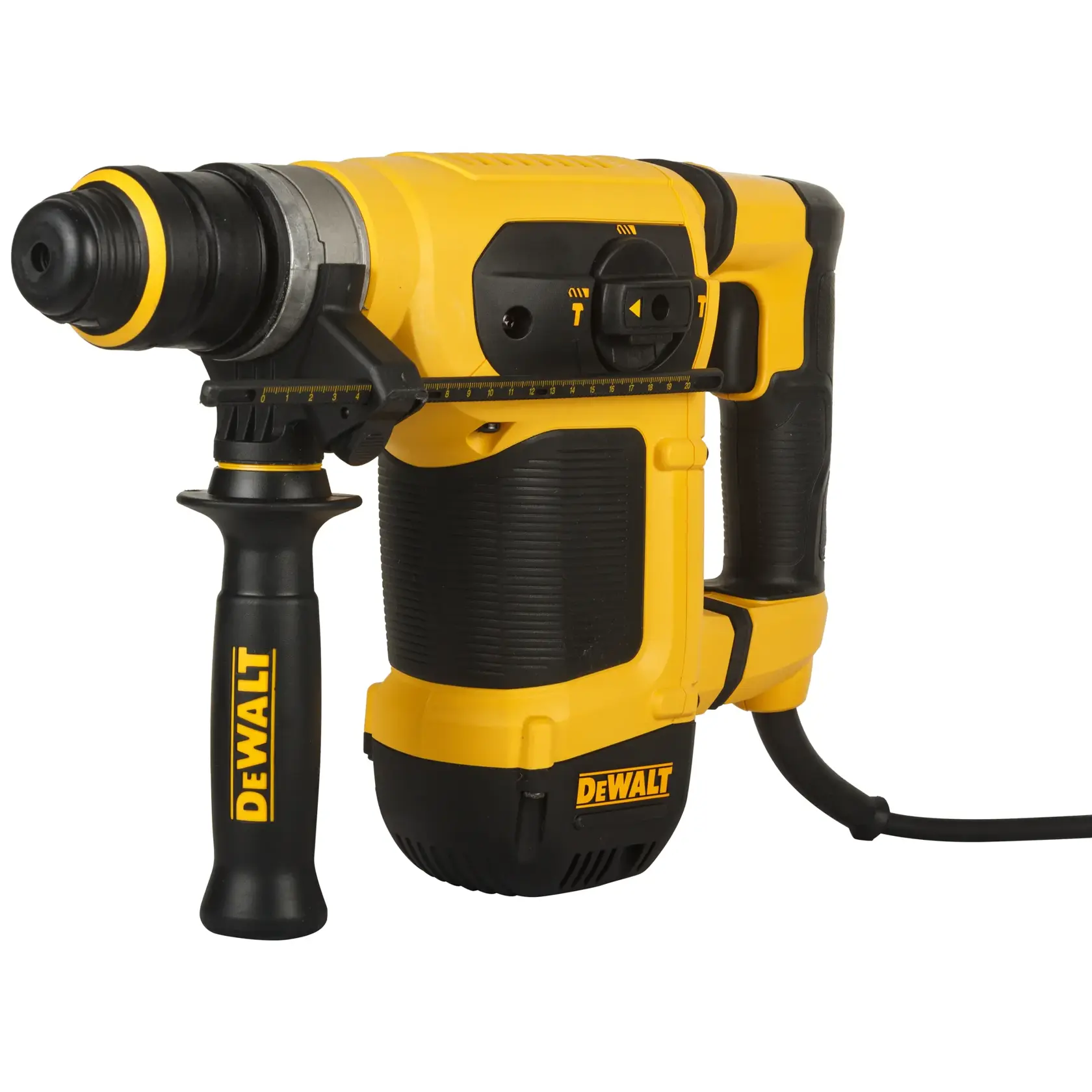 A DEWALT yellow and black rotary hammer drill with a side handle and a power cord is shown against a white background.