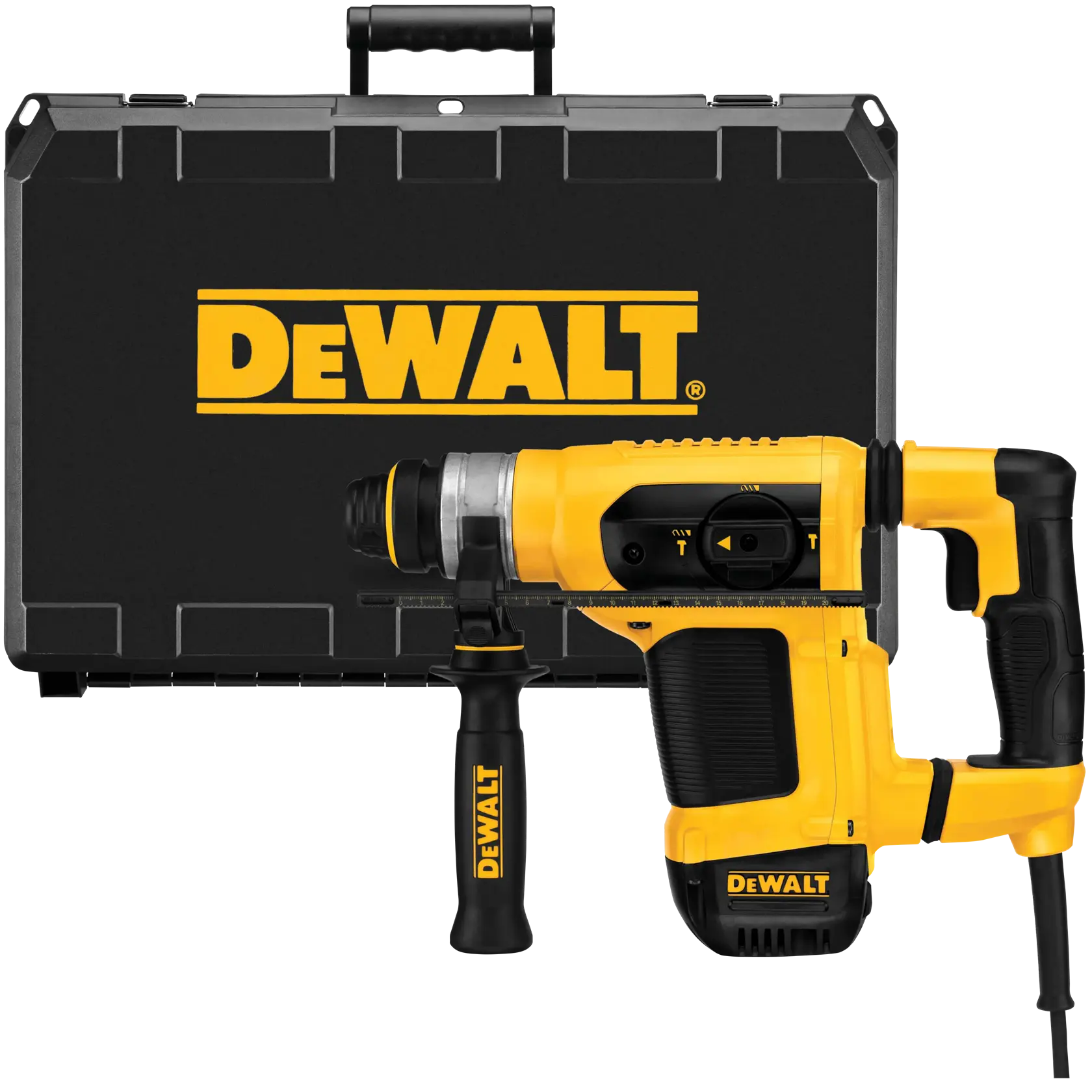 A DEWALT D25413K rotary hammer drill in yellow and black, placed in front of a black carrying case with the DEWALT logo in yellow. The drill features a side handle and a corded design.