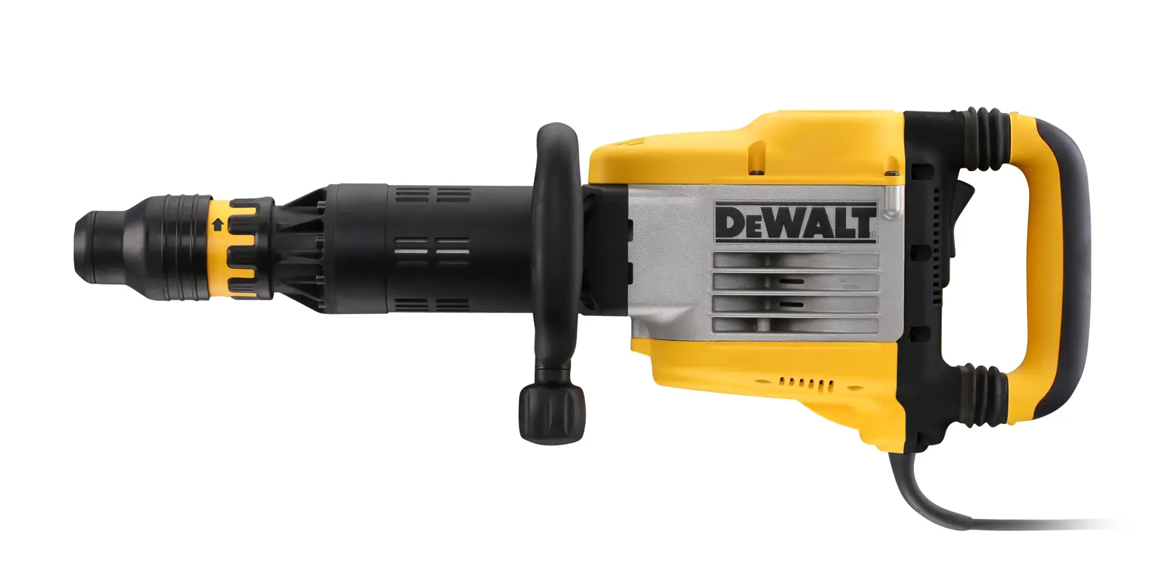 A DEWALT electric demolition hammer, model D25951K, featuring a yellow and black body with handle and power cord, designed for heavy-duty construction work.