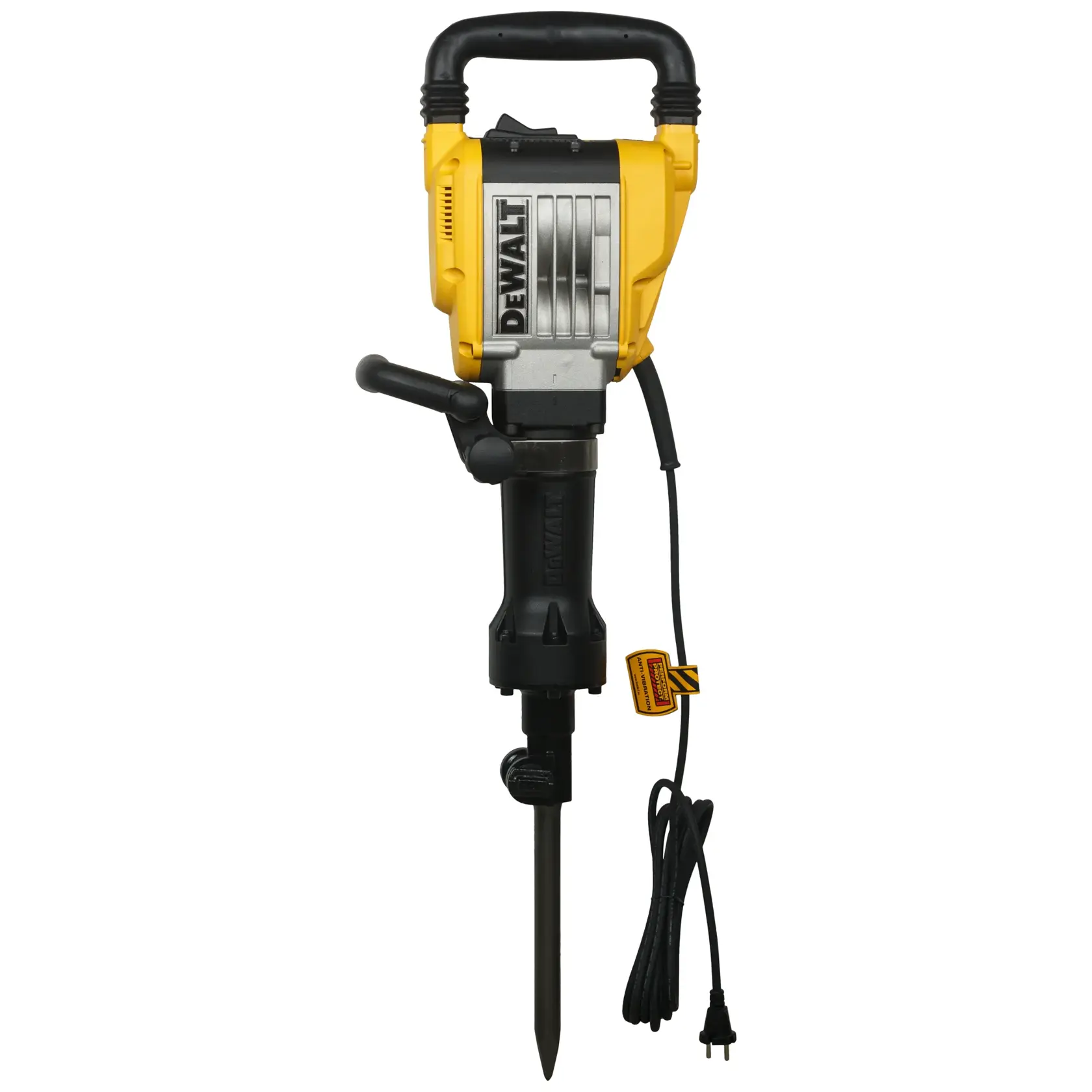 A DEWALT electric demolition hammer with a yellow and black body, a side handle, and a long power cord. The tool is designed for heavy-duty concrete breaking and construction work.