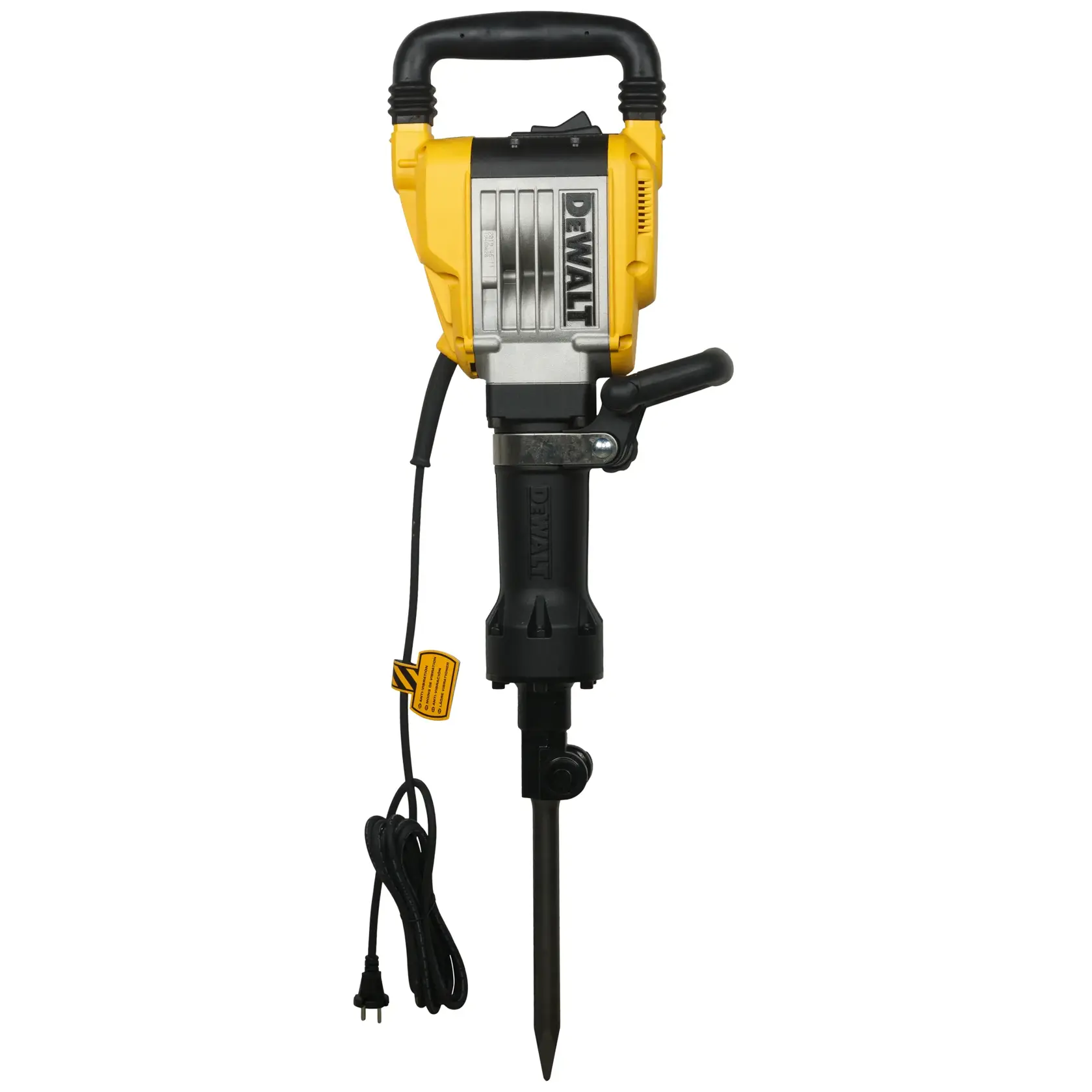 A DEWALT electric demolition hammer with a yellow and black color scheme, featuring a handle at the top and a pointed chisel bit attached. The tool also has a power cord and a side handle for better grip.