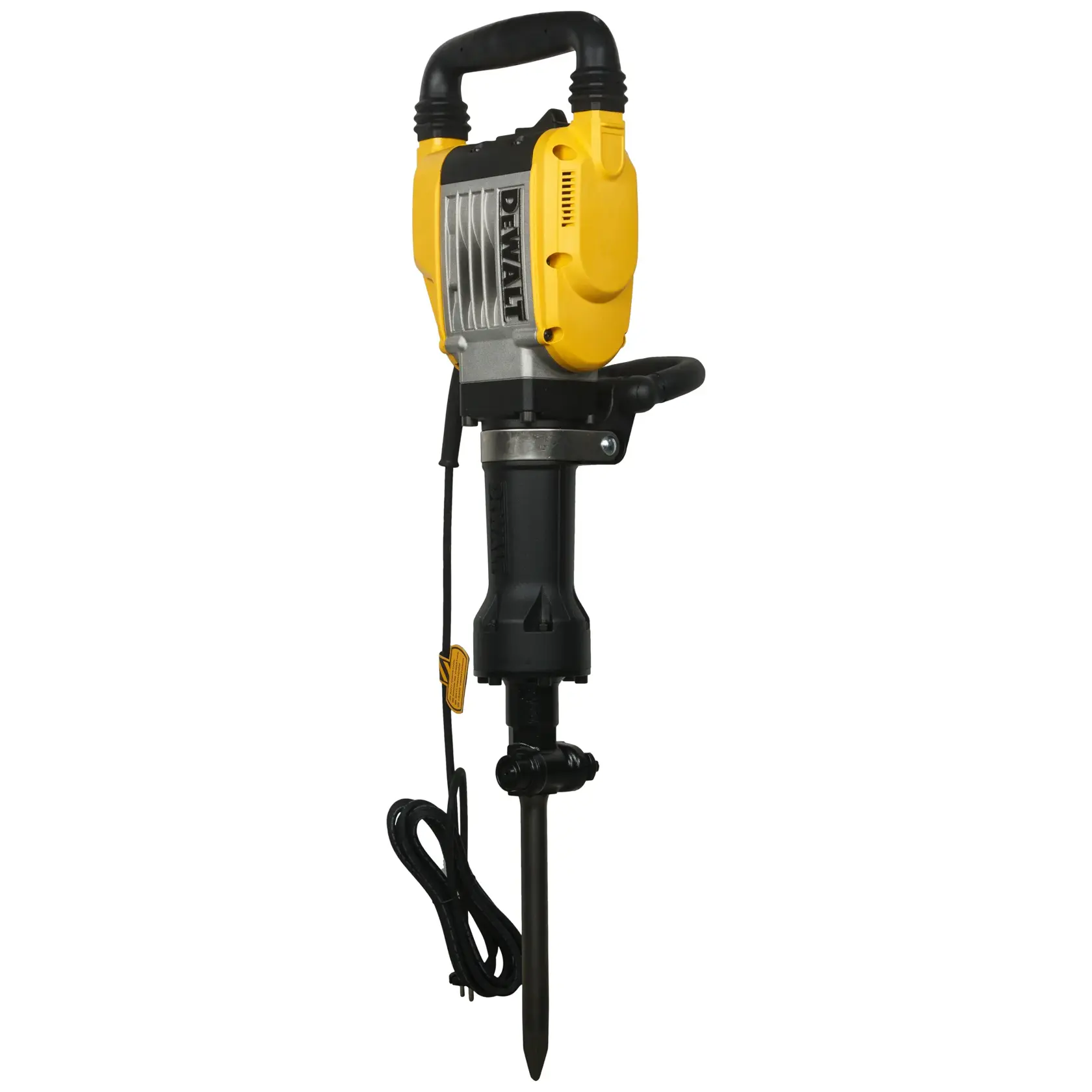 A DEWALT electric demolition hammer with a yellow and black design, standing upright against a white background. The tool features a sturdy handle at the top, a secondary side handle for control, and a long pointed chisel at the bottom. The power cord is visible, coiled near the base.