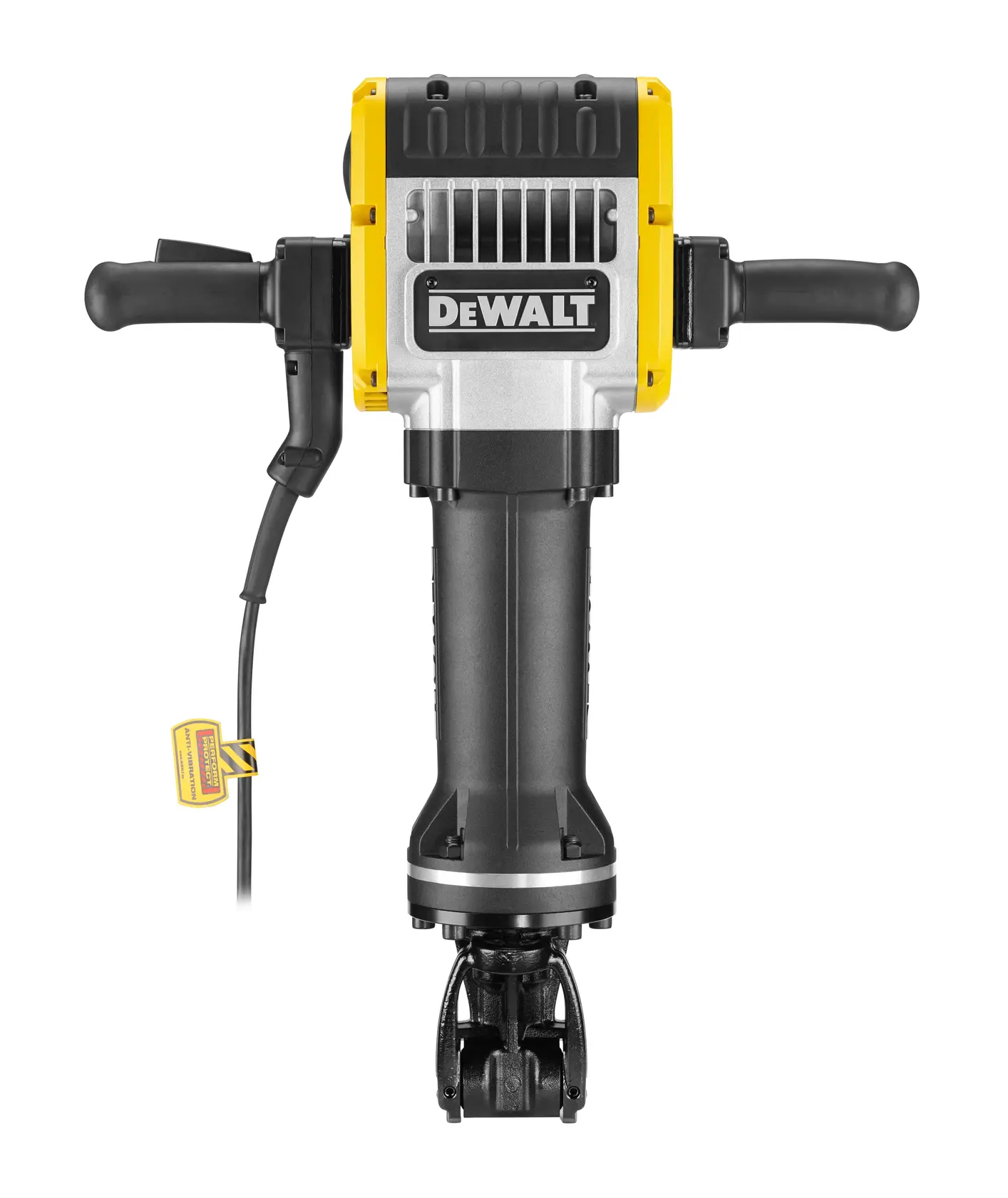 Photo of DEWALT breaker front view, SKUs D25981K-LX, D25981K, D25981K-QS, yellow and black, corded demolition tool.