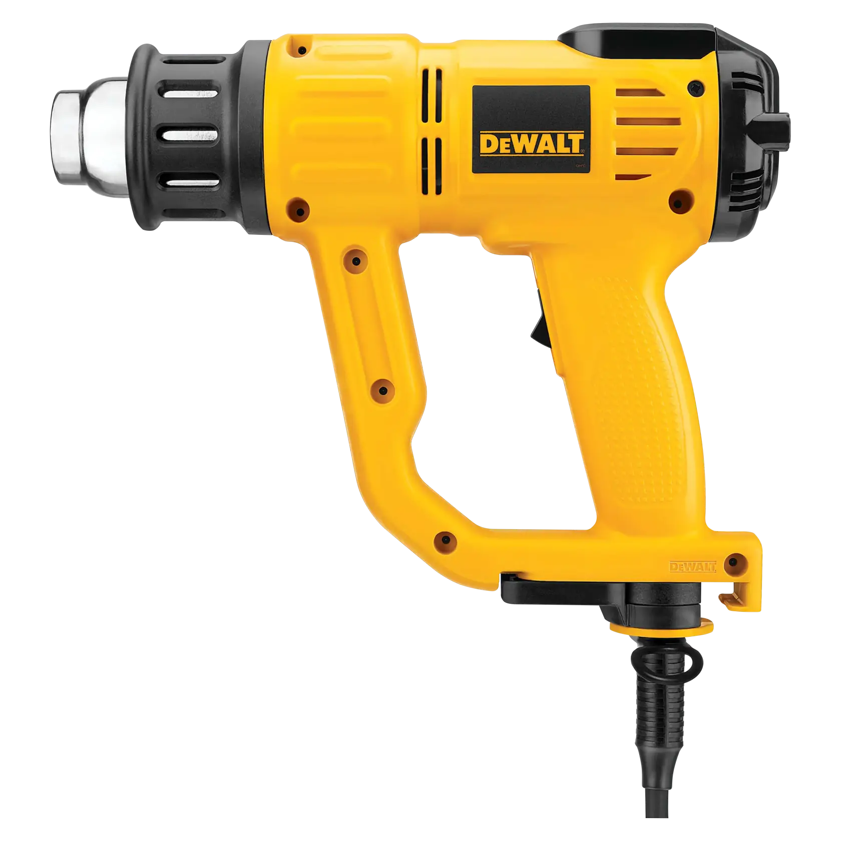 A yellow and black DEWALT heat gun with a power cord, ergonomic handle, and metal nozzle, shown on a white background.