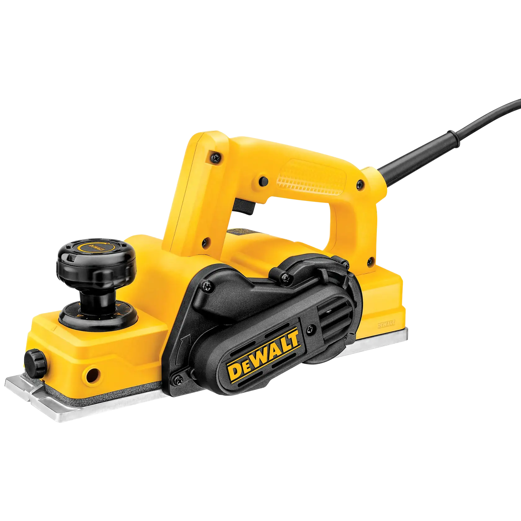 Yellow and black DEWALT electric hand planer with adjustable front knob, ergonomic handle, and power cord attached, photographed against a white background.