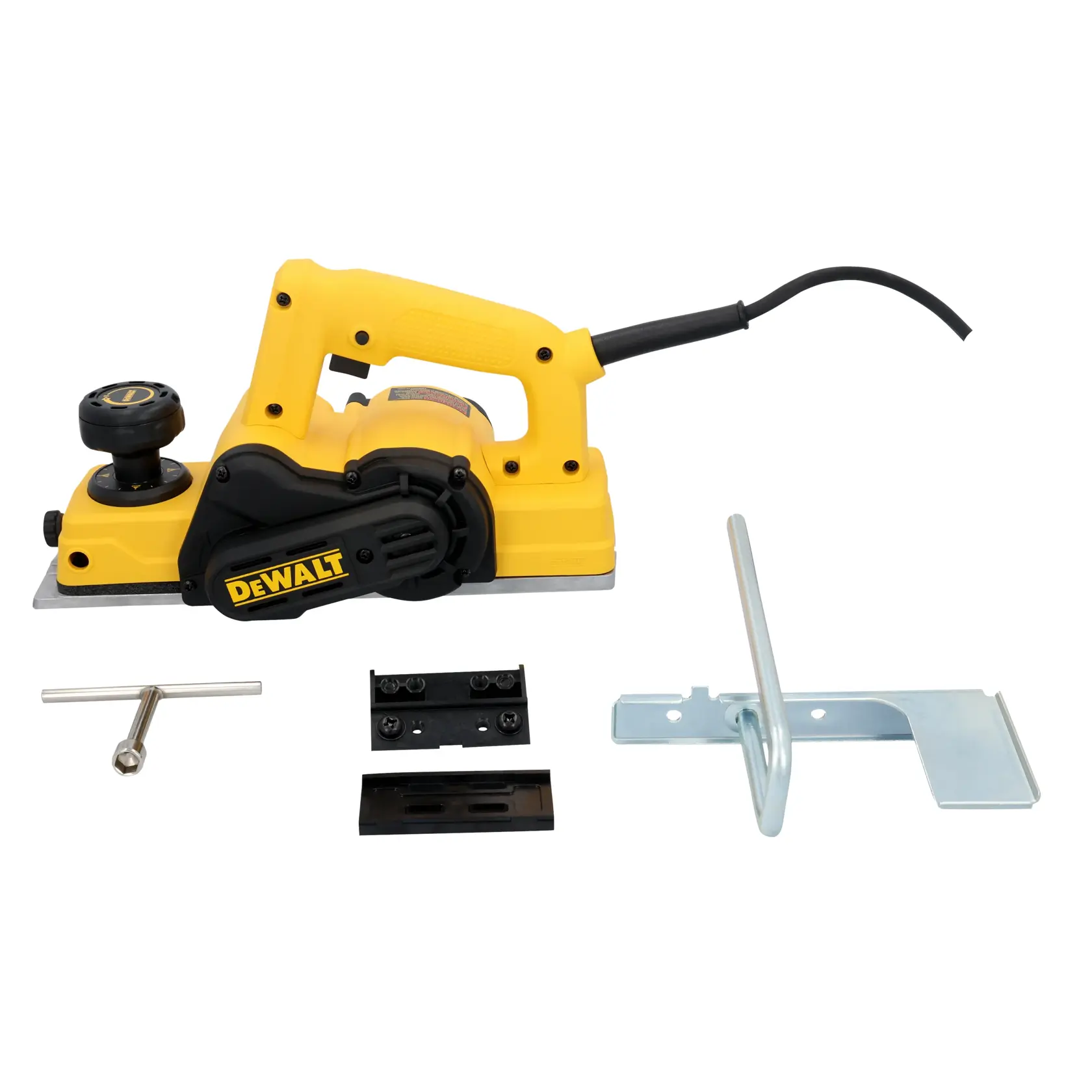 DEWALT electric planer with accessories, including a metal guide, wrench, and blade parts, all shown on white background.
