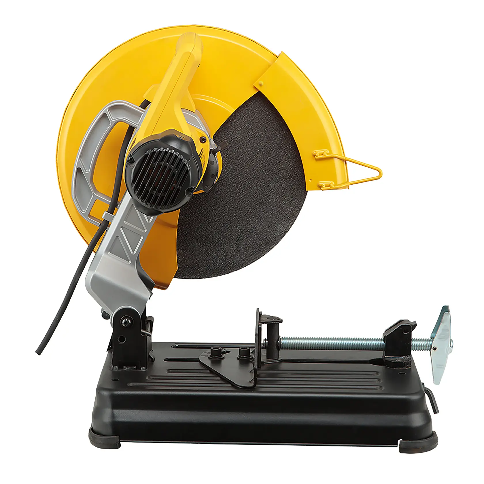 A DEWALT metal cutting saw with a yellow and black body, showing the blade and adjustable base for securing materials.