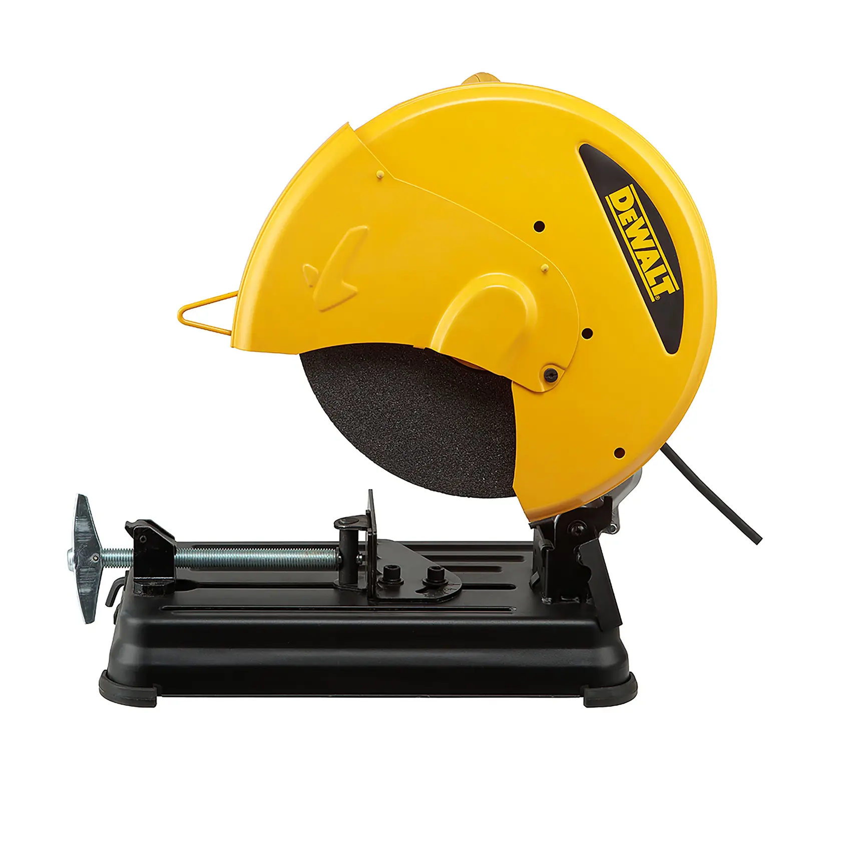 A DEWALT metal cut-off saw featuring a yellow blade guard and black base, designed for cutting metal materials.