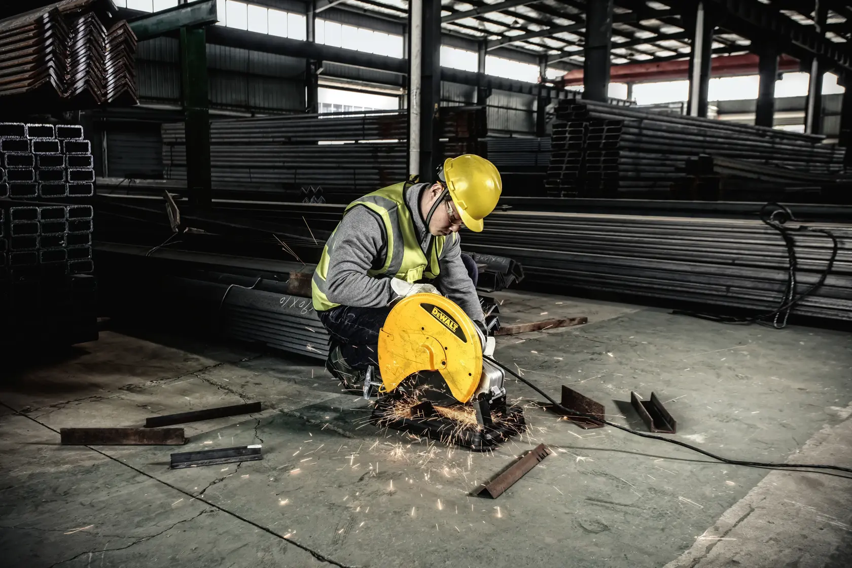 A person wearing a yellow safety helmet and high-visibility vest operates a DEWALT chop saw, cutting metal pieces in an industrial warehouse with metal beams stacked in the background.