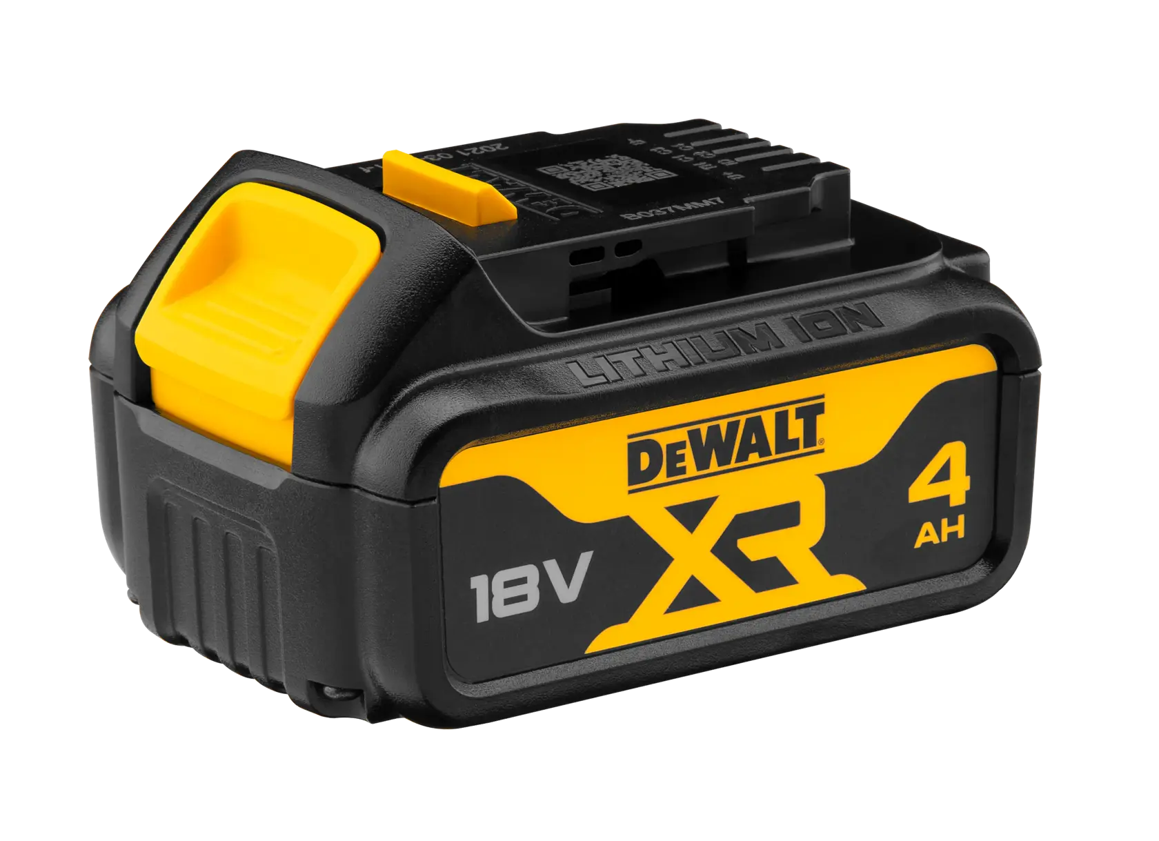 DEWALT battery for photography, SKUs DCZ207M2T-XE, DCB182, DCB182-XJ, DCZ801P3, 18V XR, 4AH, black and yellow.