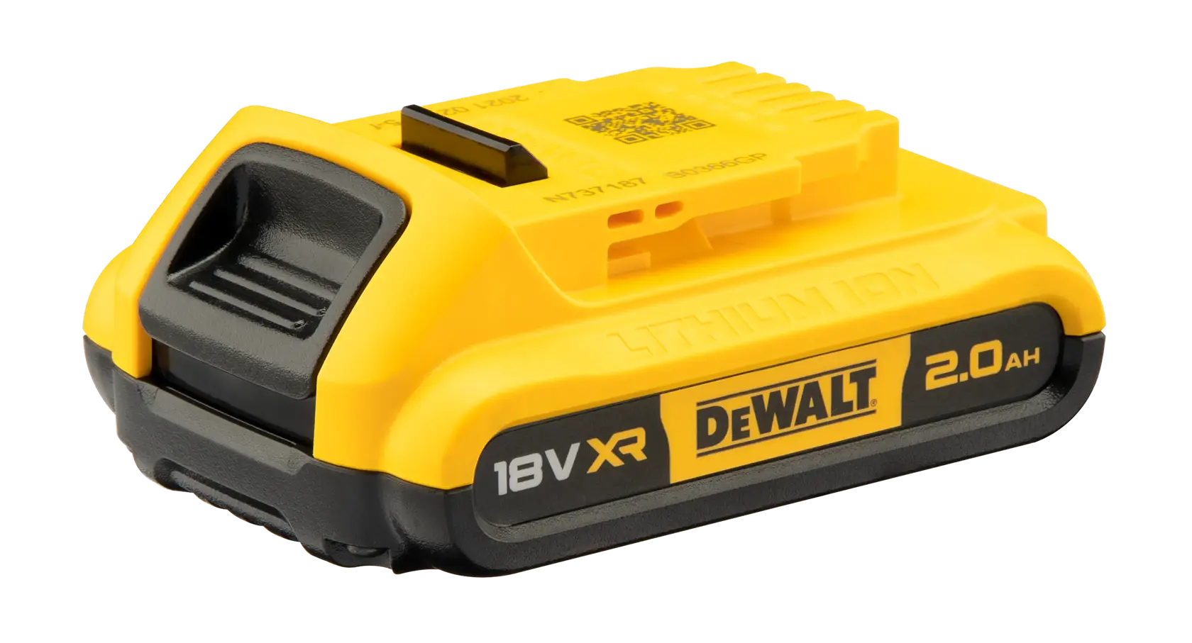 A DEWALT 18V XR 2.0Ah lithium-ion rechargeable battery pack, mainly yellow with black accents, designed for power tools.