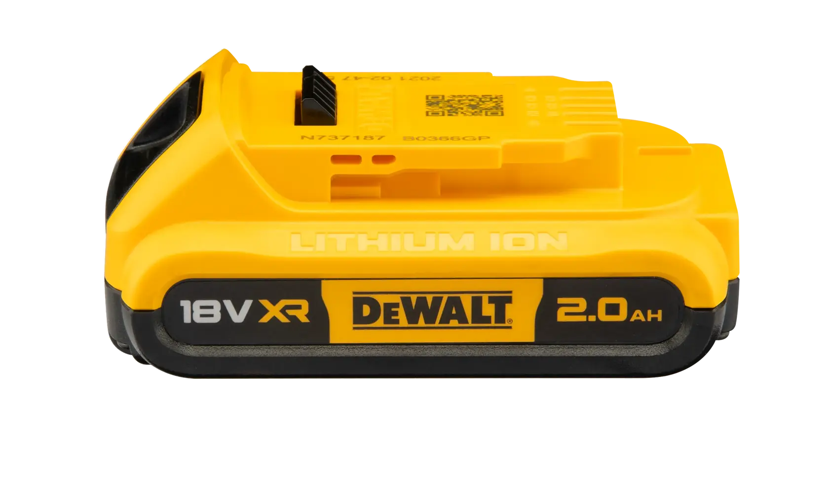 A DEWALT 18V XR lithium-ion battery pack with 2.0 Ah capacity. The battery is yellow and black and features the DEWALT branding on the side.