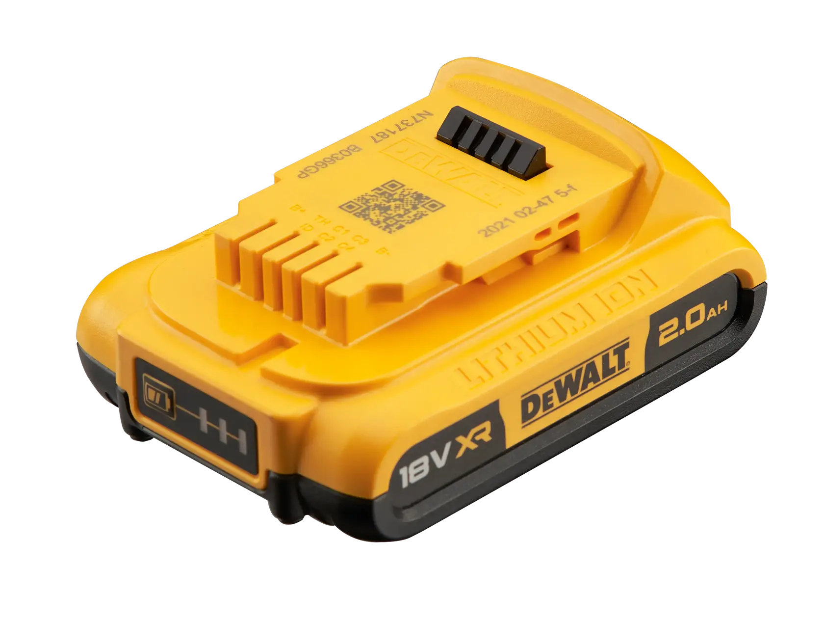 DEWALT DCB183 18V XR 2.0Ah lithium-ion battery for power tools, yellow and black compact design.