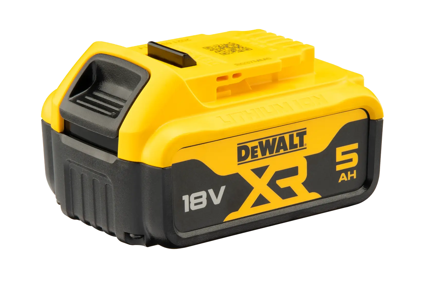 A DEWALT XR 18V 5Ah lithium-ion battery for power tools, shown in yellow and black.