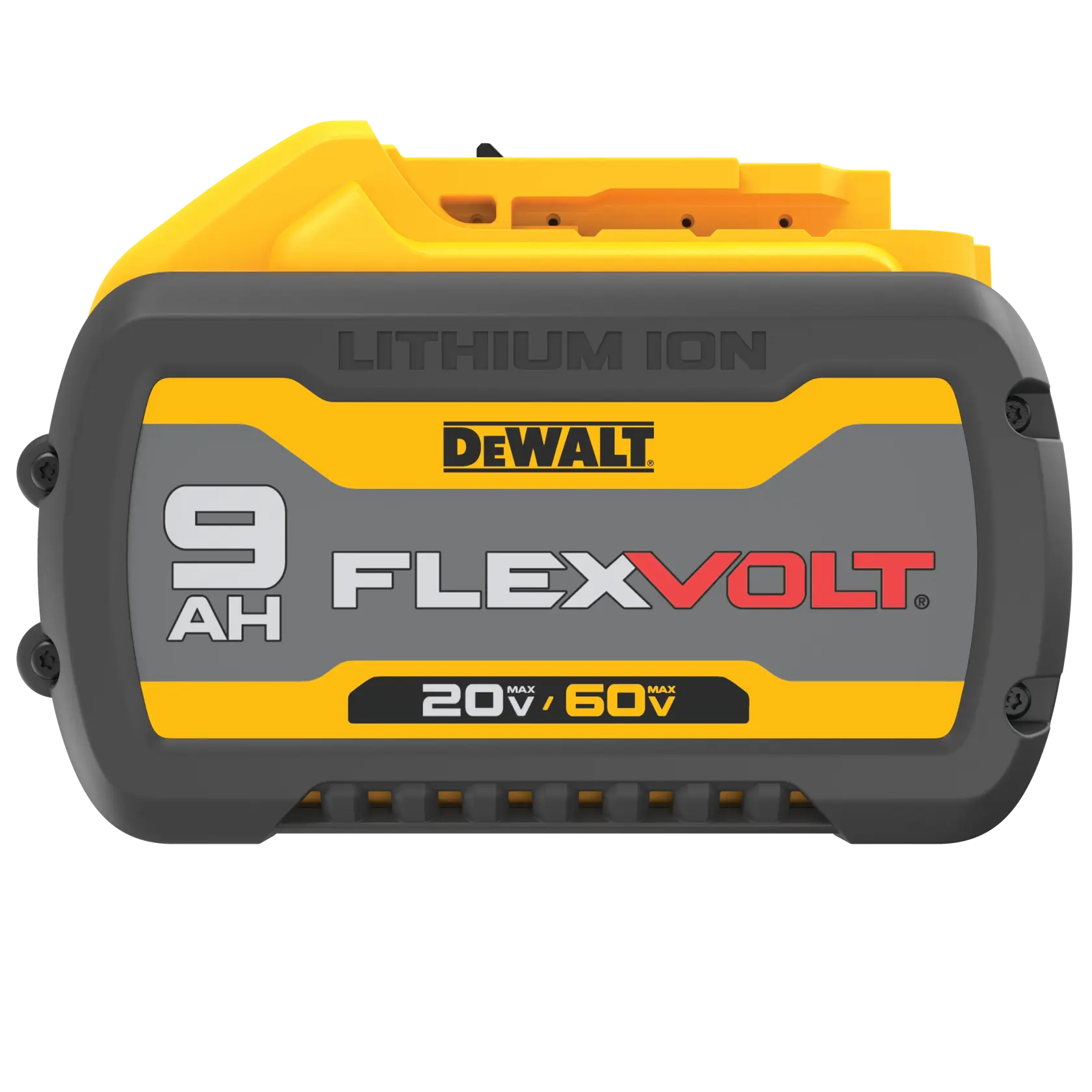 DEWALT FLEXVOLT lithium-ion battery, 9Ah capacity, for 20V/60V tools. Compact, yellow and gray design.