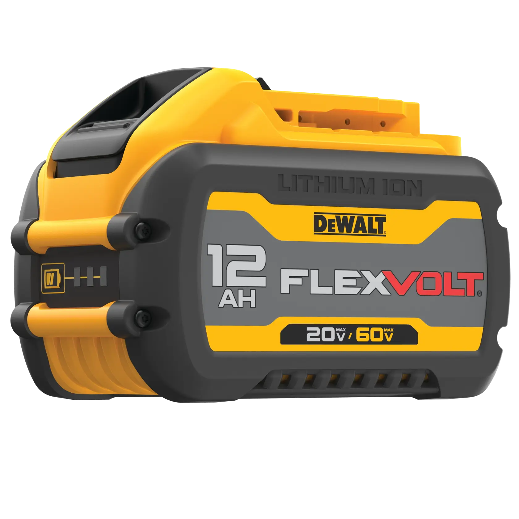 A DEWALT FLEXVOLT lithium-ion battery with a 12 amp-hour (AH) capacity. The battery has yellow, black, and gray coloring, with labeled voltages of 20V and 60V, and branding and specifications visible on the side.