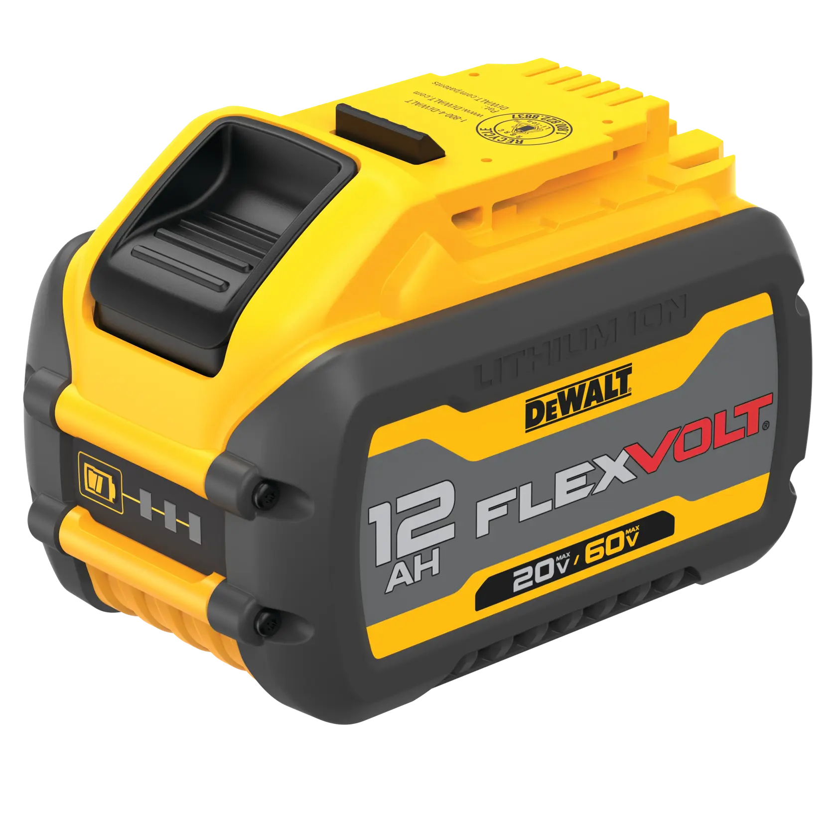A DEWALT FLEXVOLT lithium-ion battery pack with 12 amp hours, labeled for 20V and 60V max, featuring a black and yellow design.