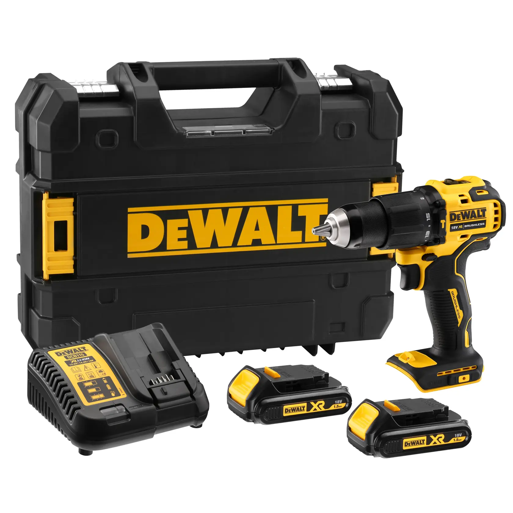 DEWALT cordless drill kit including a black and yellow drill, carrying case, battery charger, and two rechargeable batteries.