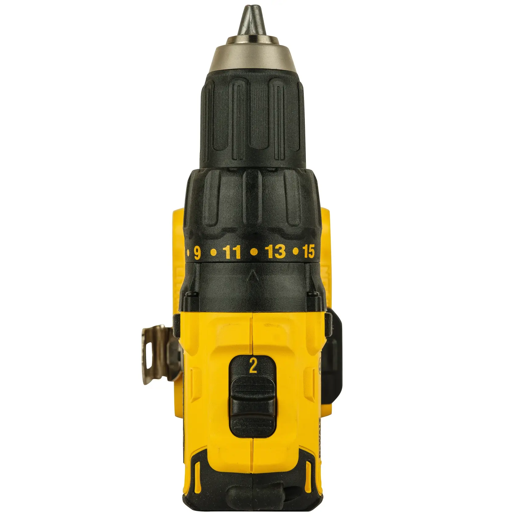 Front view of a DEWALT cordless power drill with a yellow and black casing, showing the adjustable torque settings and a metallic chuck.