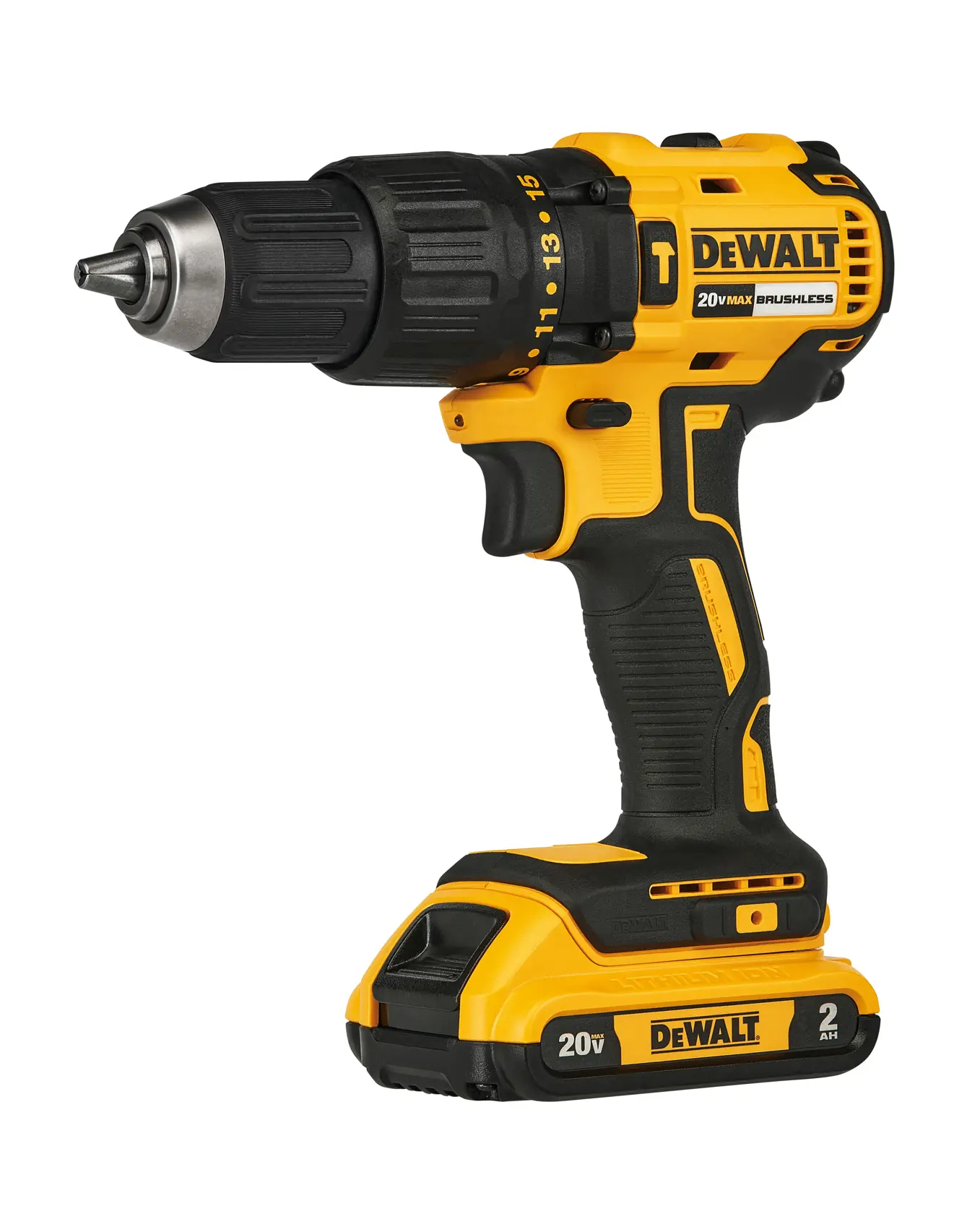 A yellow and black DEWALT 20V cordless power drill with a brushless motor and ergonomic handle, shown standing upright.