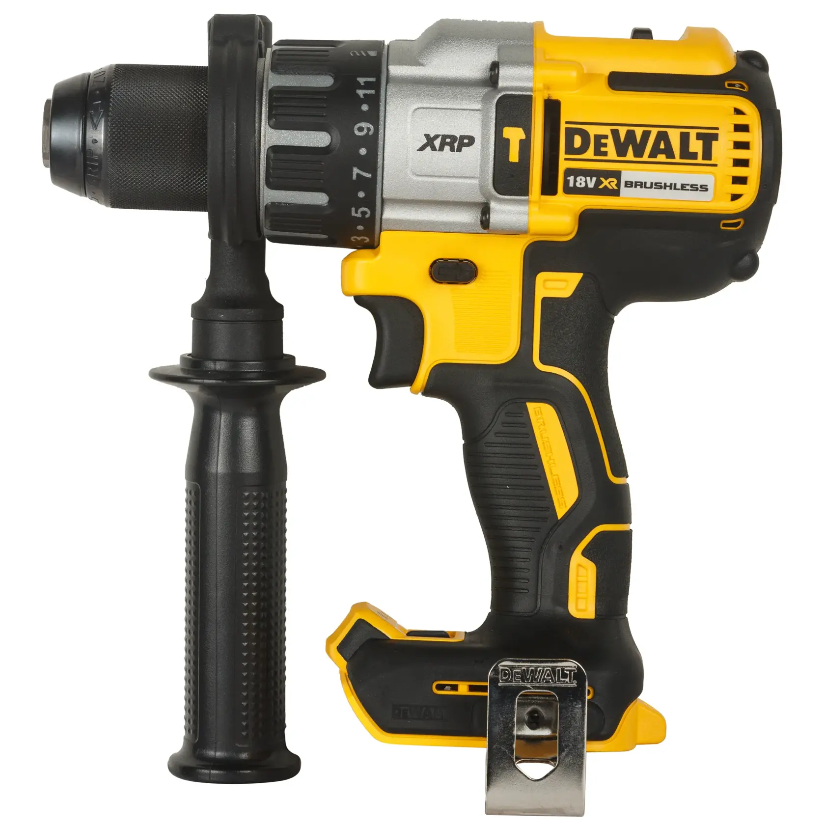 DEWALT cordless drill with black tool box. Compact and sturdy design for professional use.
