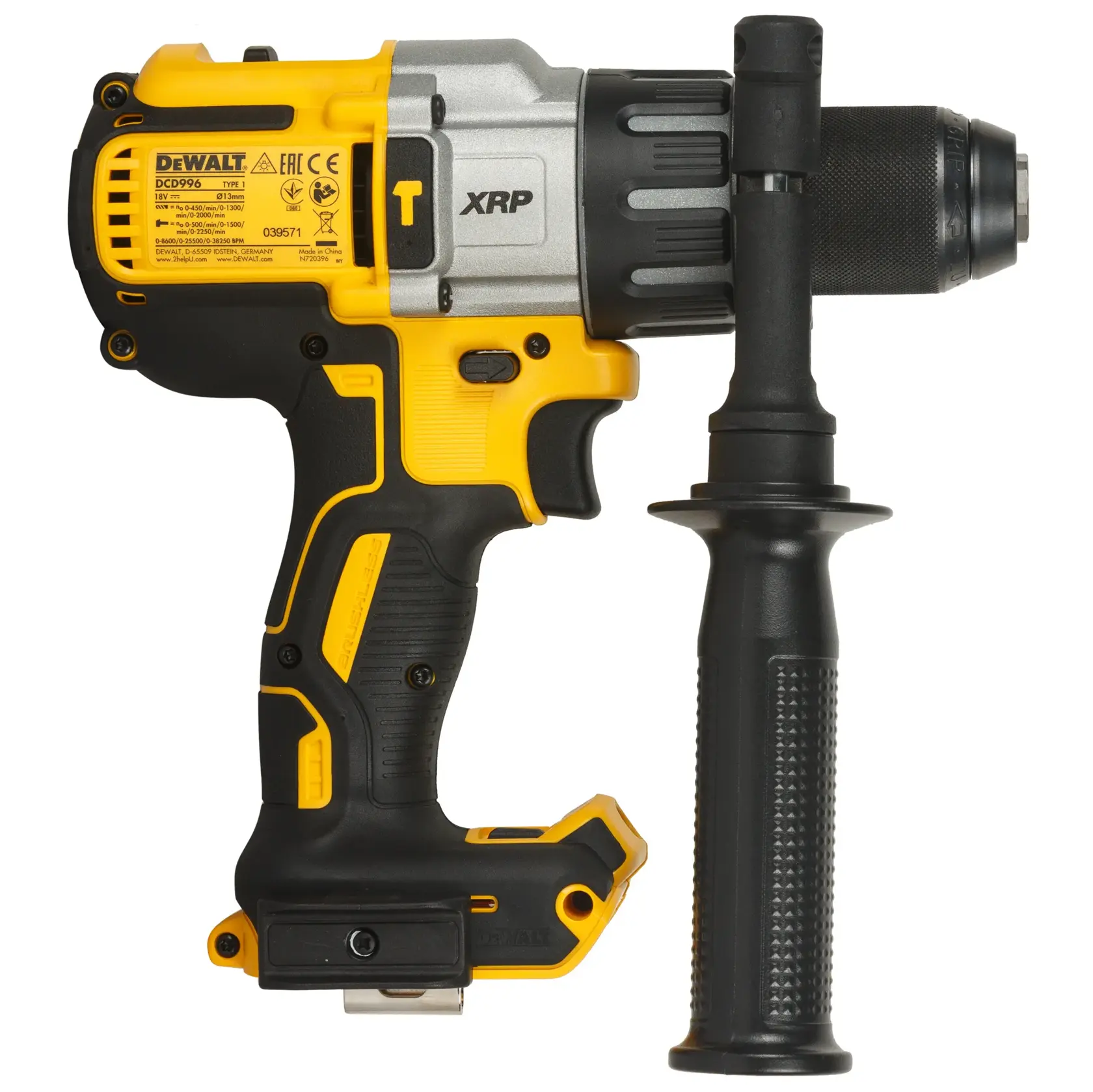 DEWALT cordless drill DCD996NT with side handle, yellow and black, suitable for heavy-duty use.