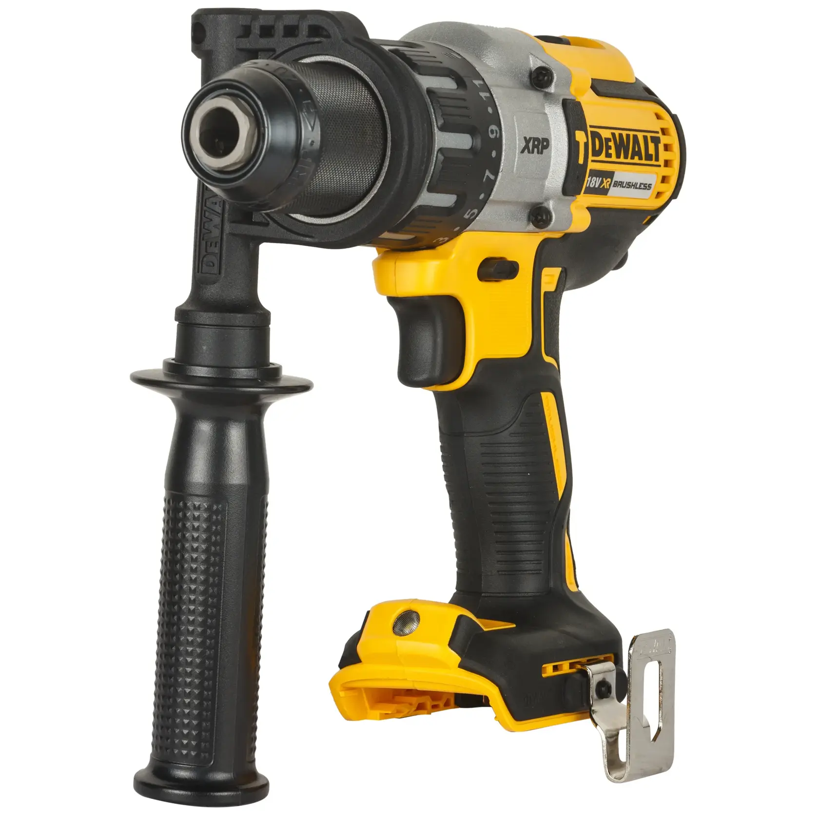 DEWALT cordless drill driver with side handle, yellow and black body, 18V XR brushless model.