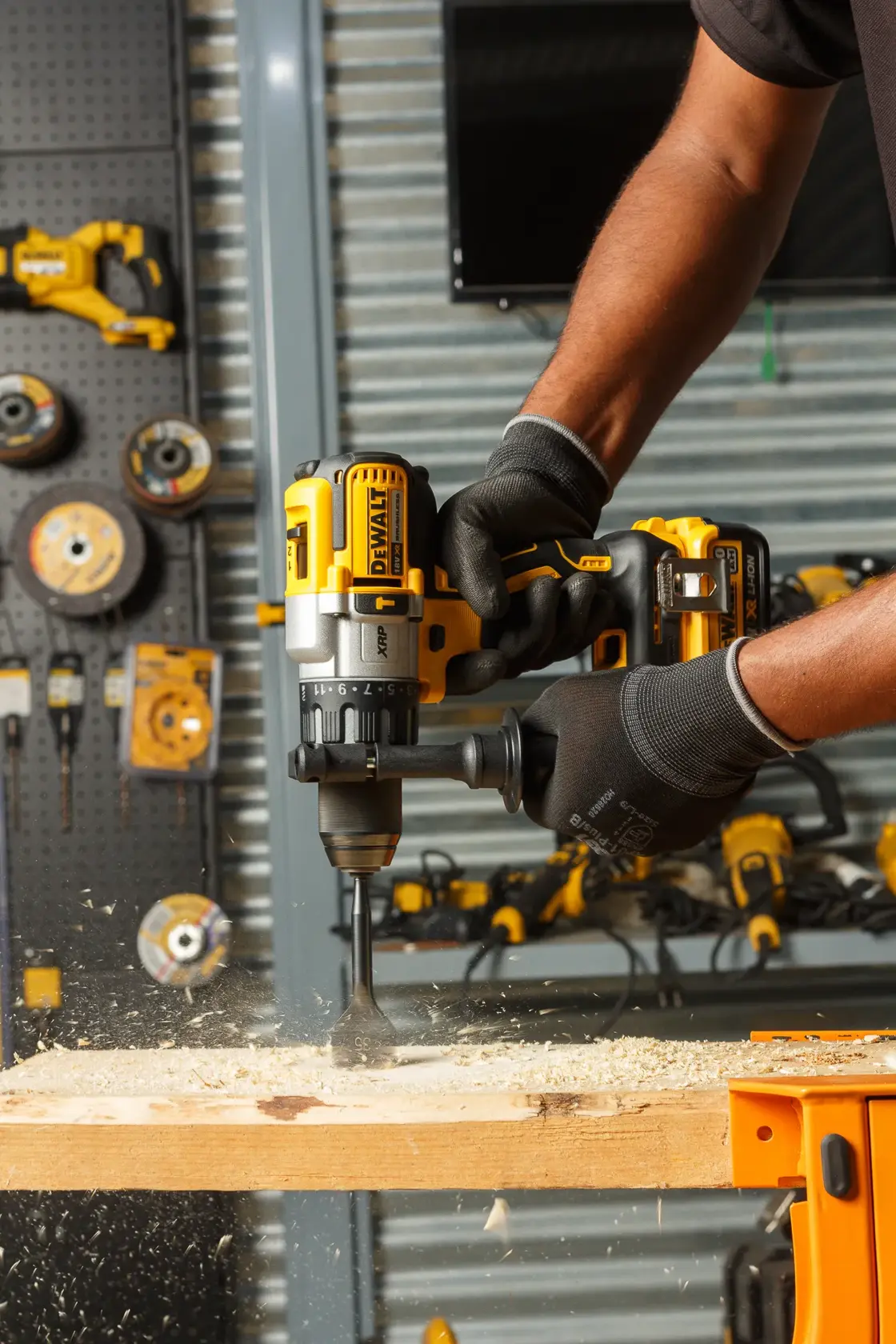 Person uses DEWALT cordless drill to bore a hole in wood, creating sawdust in a workshop setting.
