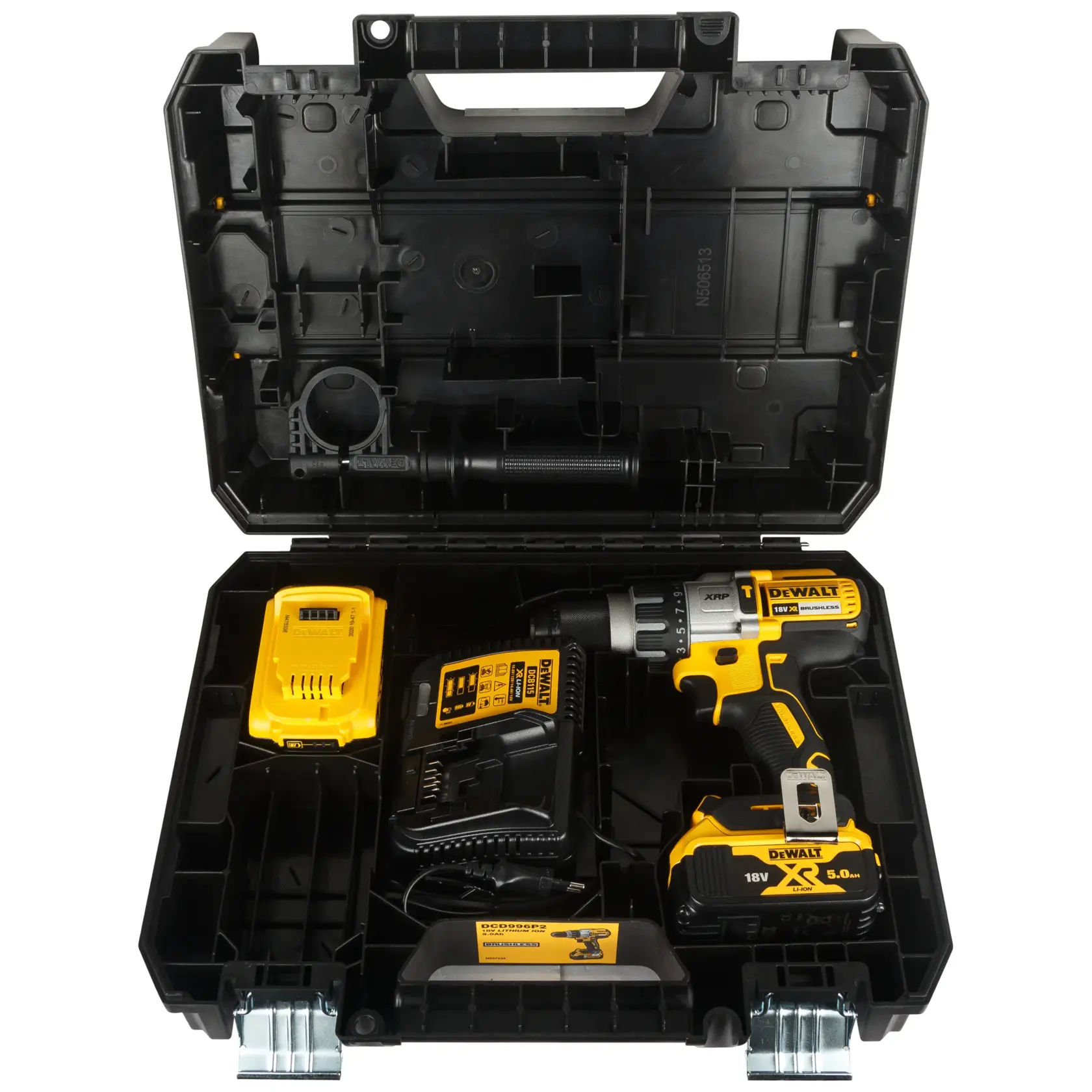 DEWALT drill kit in case, SKUs DCD996P2 and DCD996P2-QW, includes charger and battery. Photography category.
