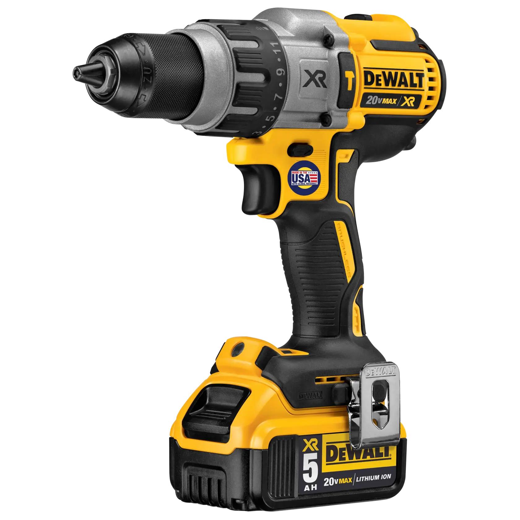 A Dewalt DCD996P2 20V Max XR cordless drill with a yellow and black design and attached 5.0Ah lithium-ion battery, shown against a white background.