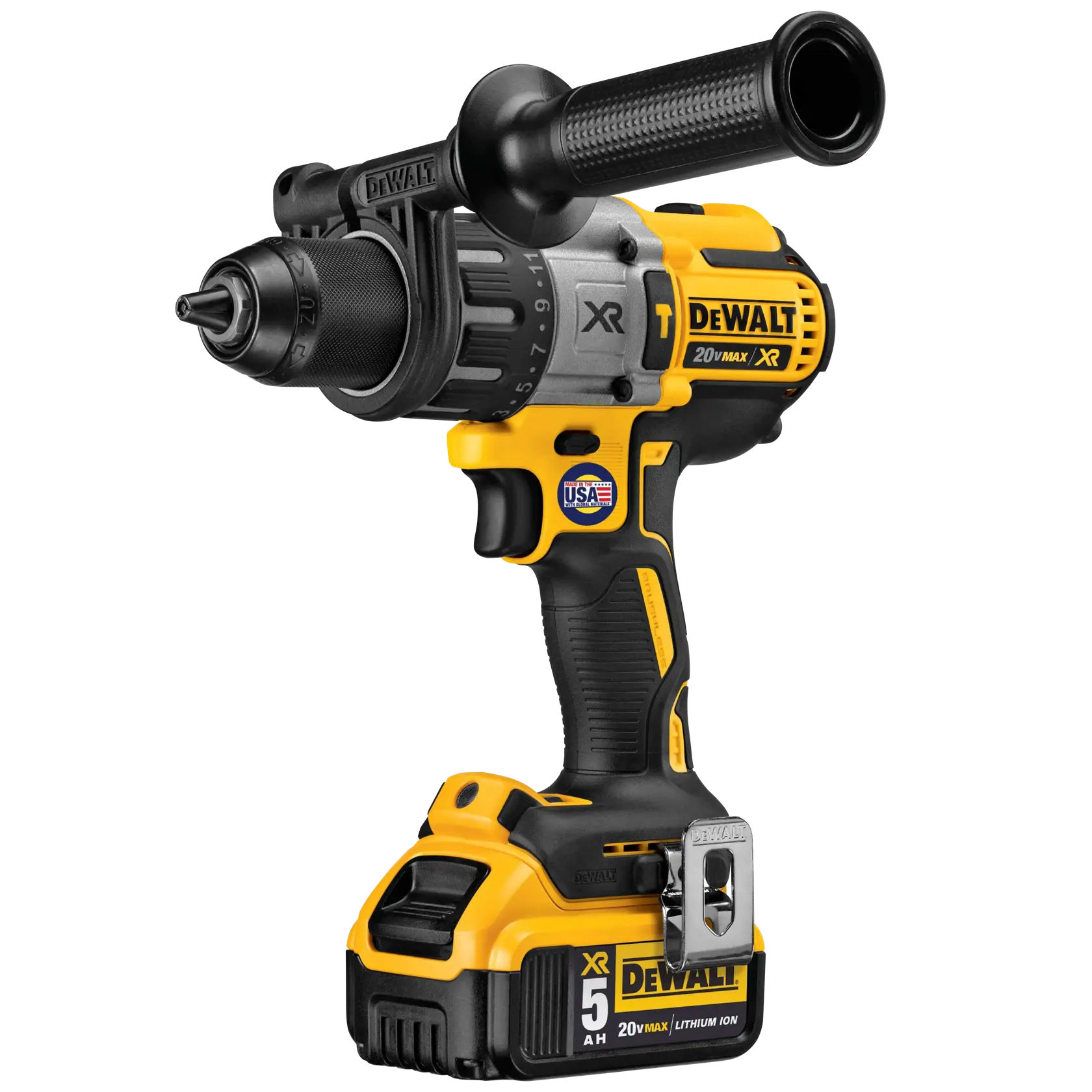 A DEWALT DCD996P2 20V Max XR cordless drill with a black and yellow body, auxiliary handle, and lithium-ion battery pack. The drill features labeling for 5AH, USA construction, and XR technology.