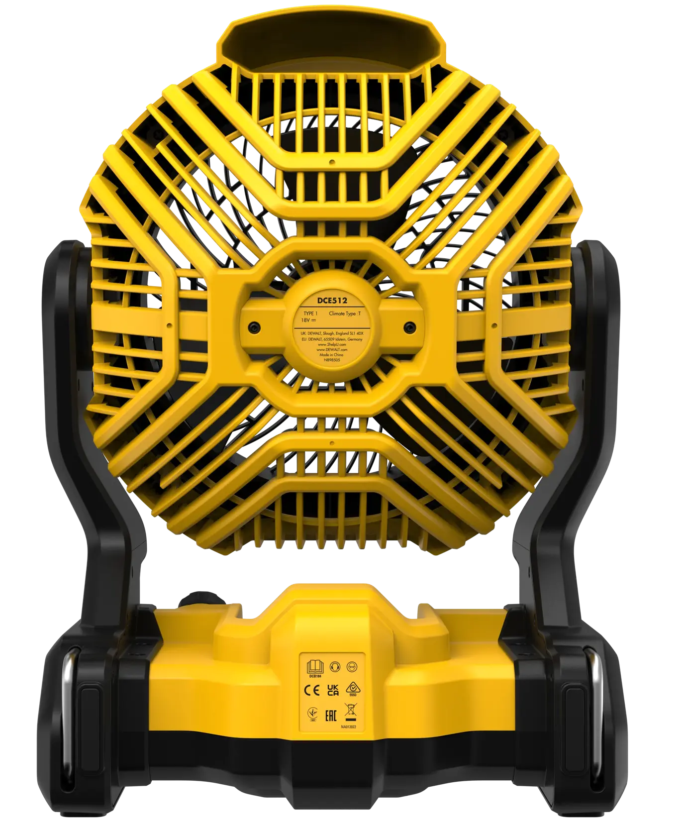 DEWALT fan for photography, SKUs DCE512N, DCE512N-XJ. Yellow and black portable unit, rear view.