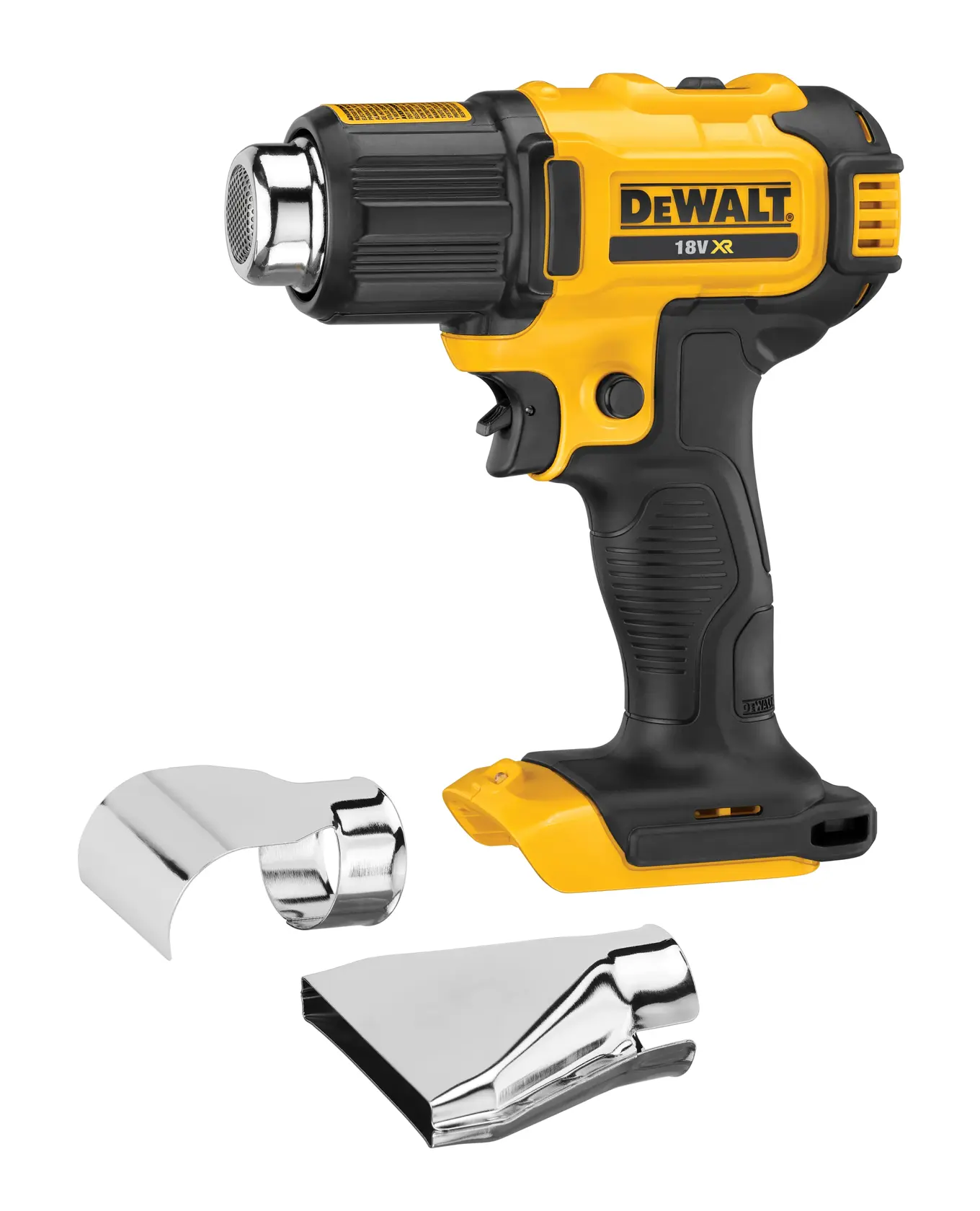 A yellow and black DEWALT 18V XR cordless heat gun with two interchangeable metal nozzles placed in front of it.