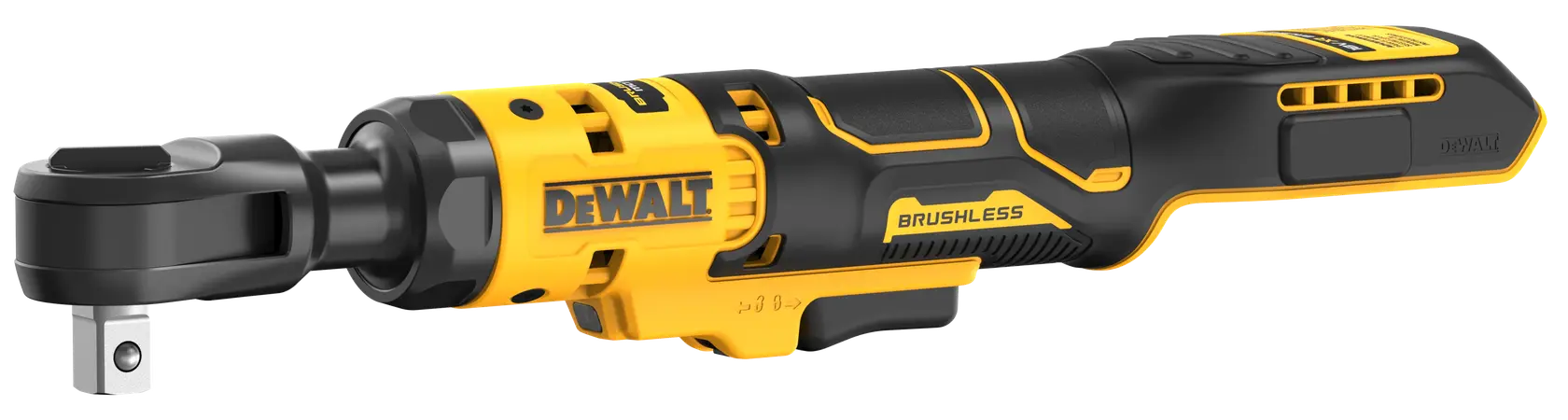 Photo of DEWALT cordless ratchet, yellow-black, SKUs DCF512N-XJ, DCF512N, side view, photography category.