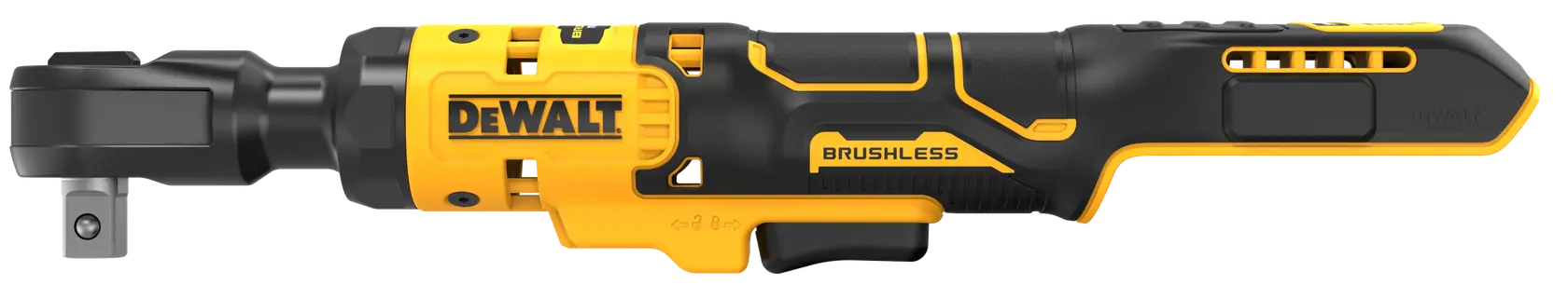 DeWalt cordless ratchet, brushless, yellow-black, photography. SKUs DCF512N-XJ, DCF512N, side view.
