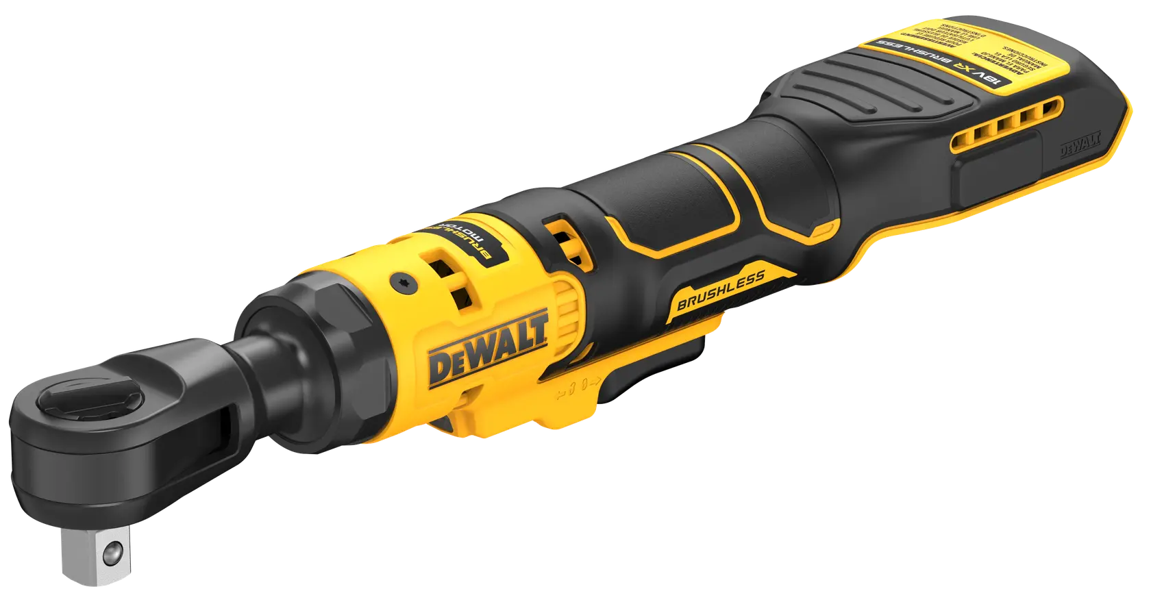 Photo of DEWALT cordless ratchet tool, SKUs DCF512N-XJ, DCF512N, black and yellow, side angle, white background.
