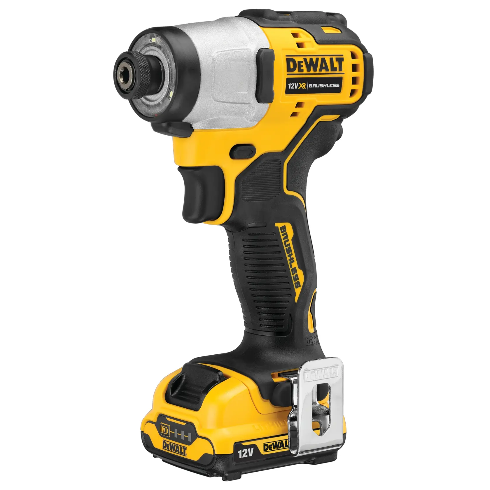 DEWALT DCF801D2 12V yellow and black cordless impact driver standing upright on a white background.
