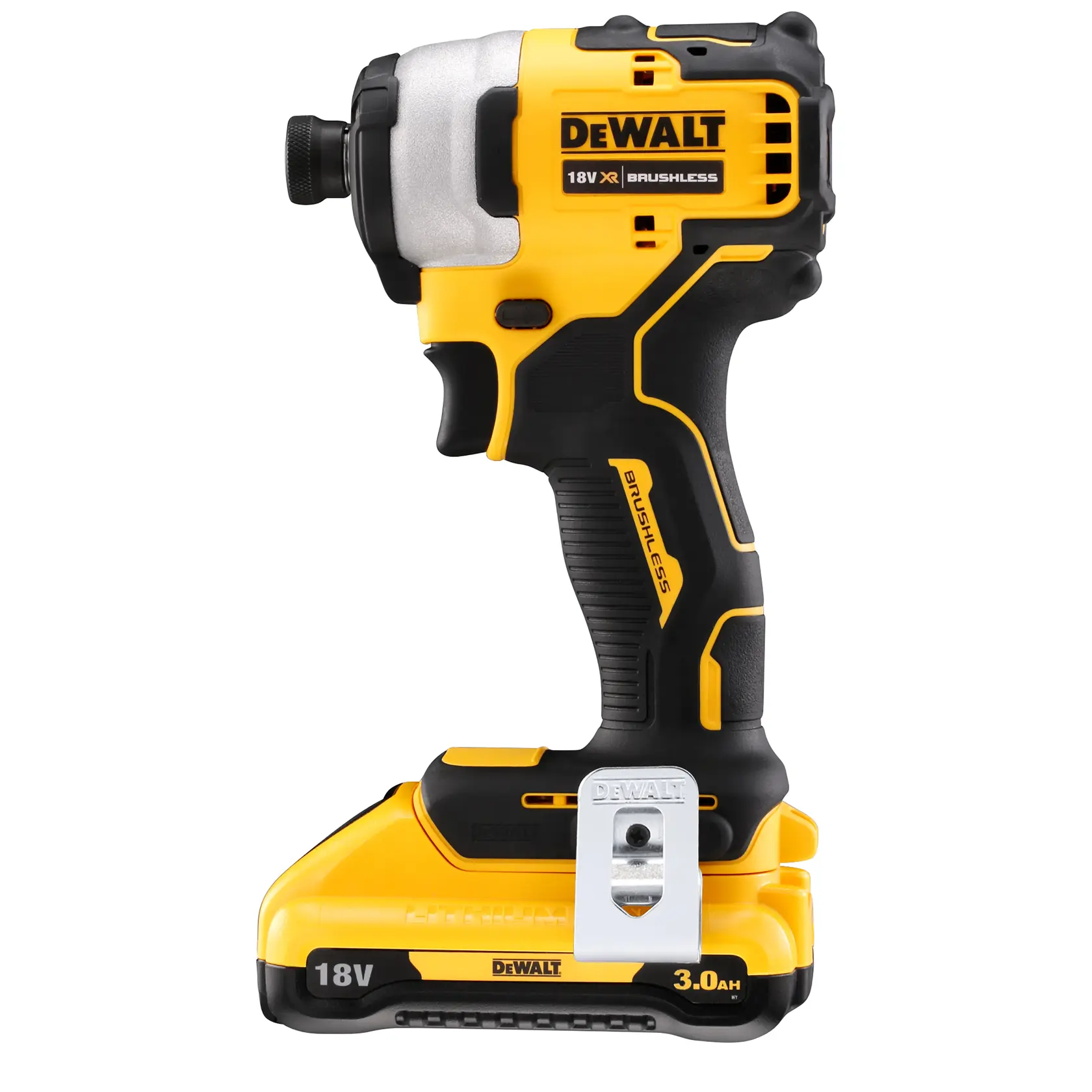 DEWALT 18V XR brushless impact driver with battery, yellow and black, side view.